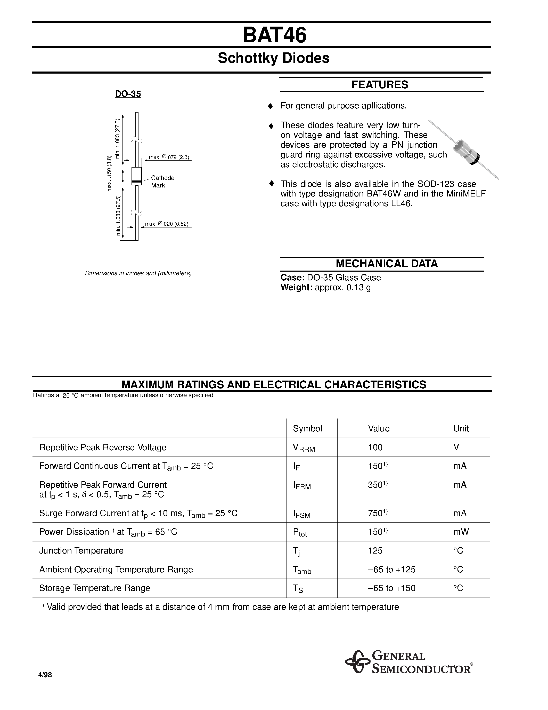 Datasheet BAT46 - Schottky Diodes page 1