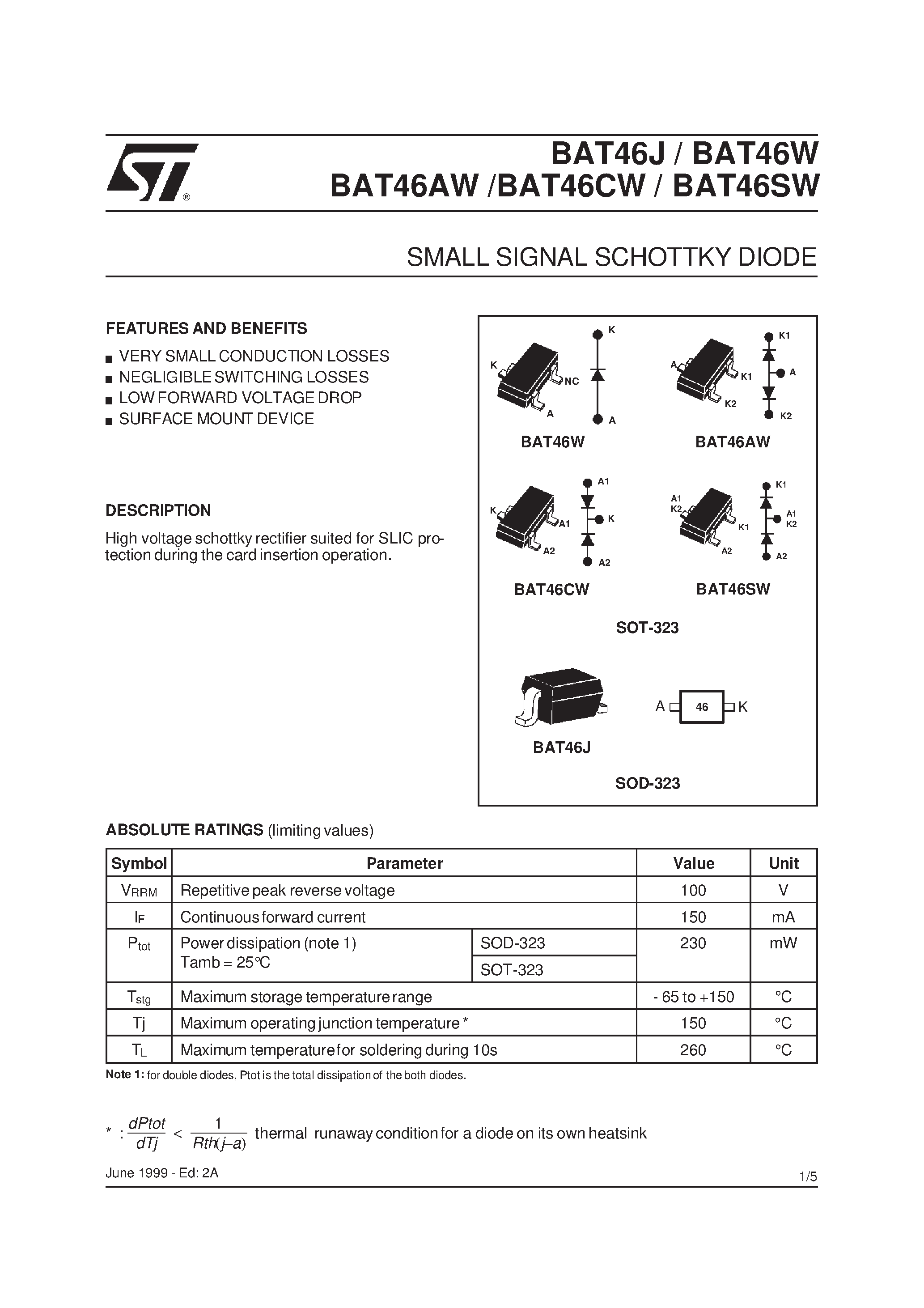 Datasheet BAT46CW page 1 Datasheet BAT46CW - SMALL SIGNAL SCHOTTKY DIODE page 1