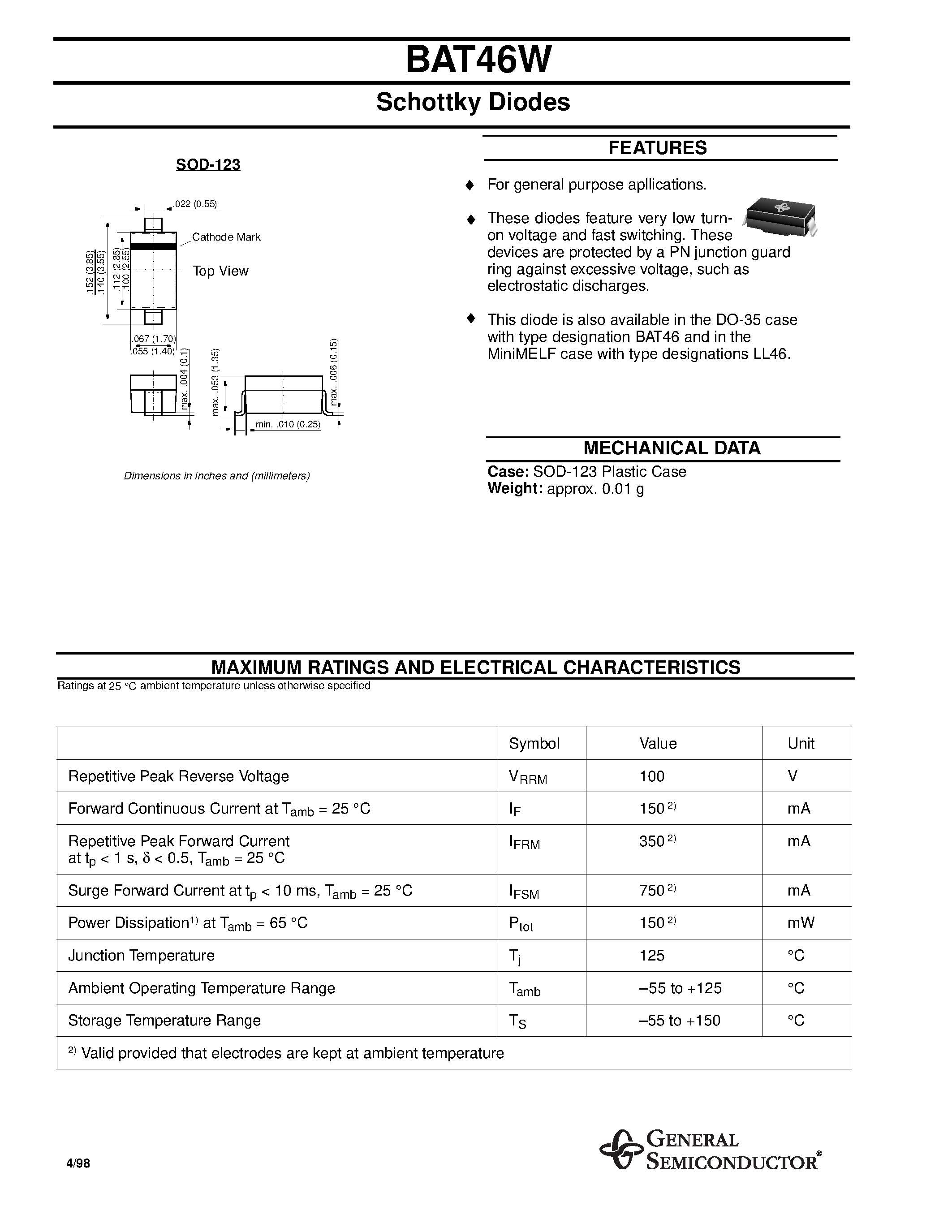 Datasheet BAT46W page 1 Datasheet BAT46W - Schottky Diodes page 1