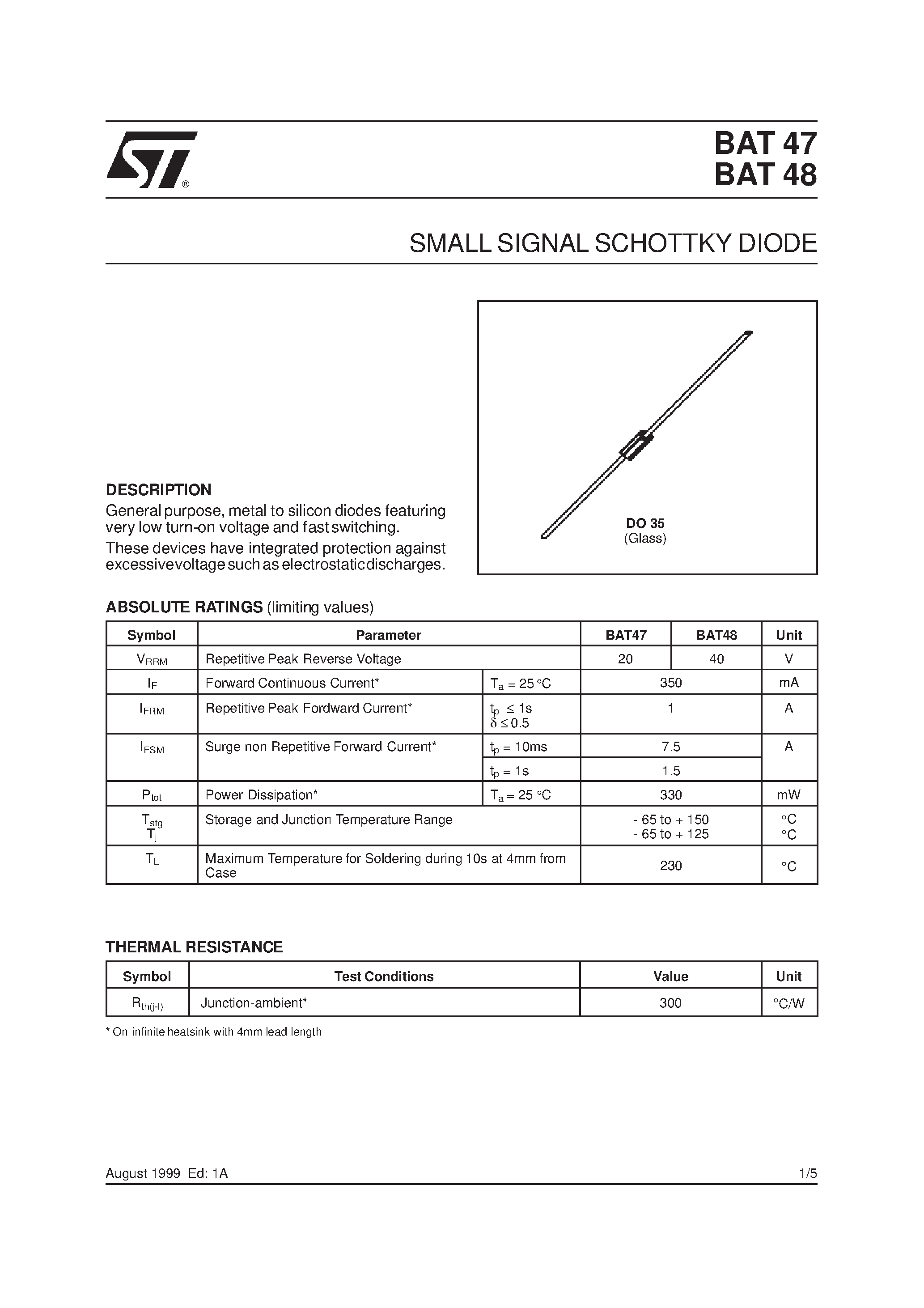 Datasheet BAT47 page 1 Datasheet BAT47 - SMALL SIGNAL SCHOTTKY DIODE page 1
