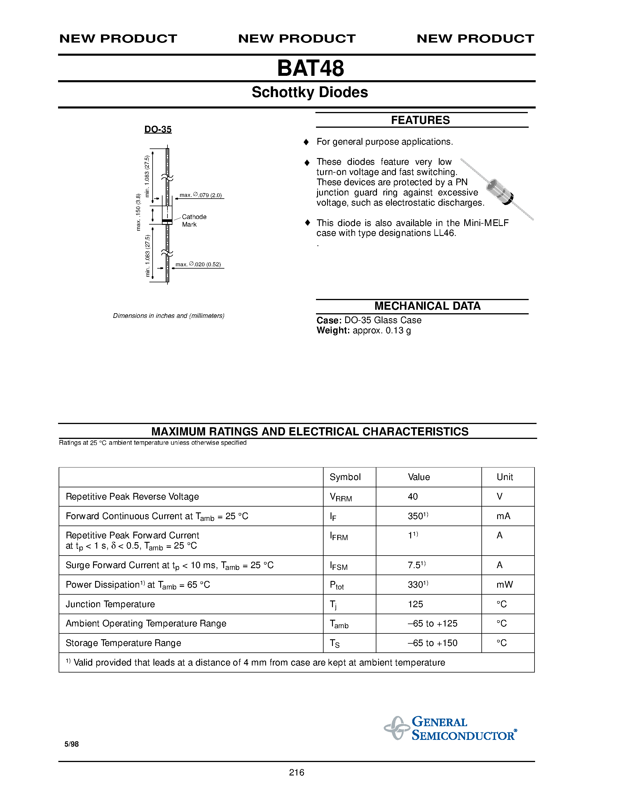 Datasheet BAT48 - Schottky Diodes page 1