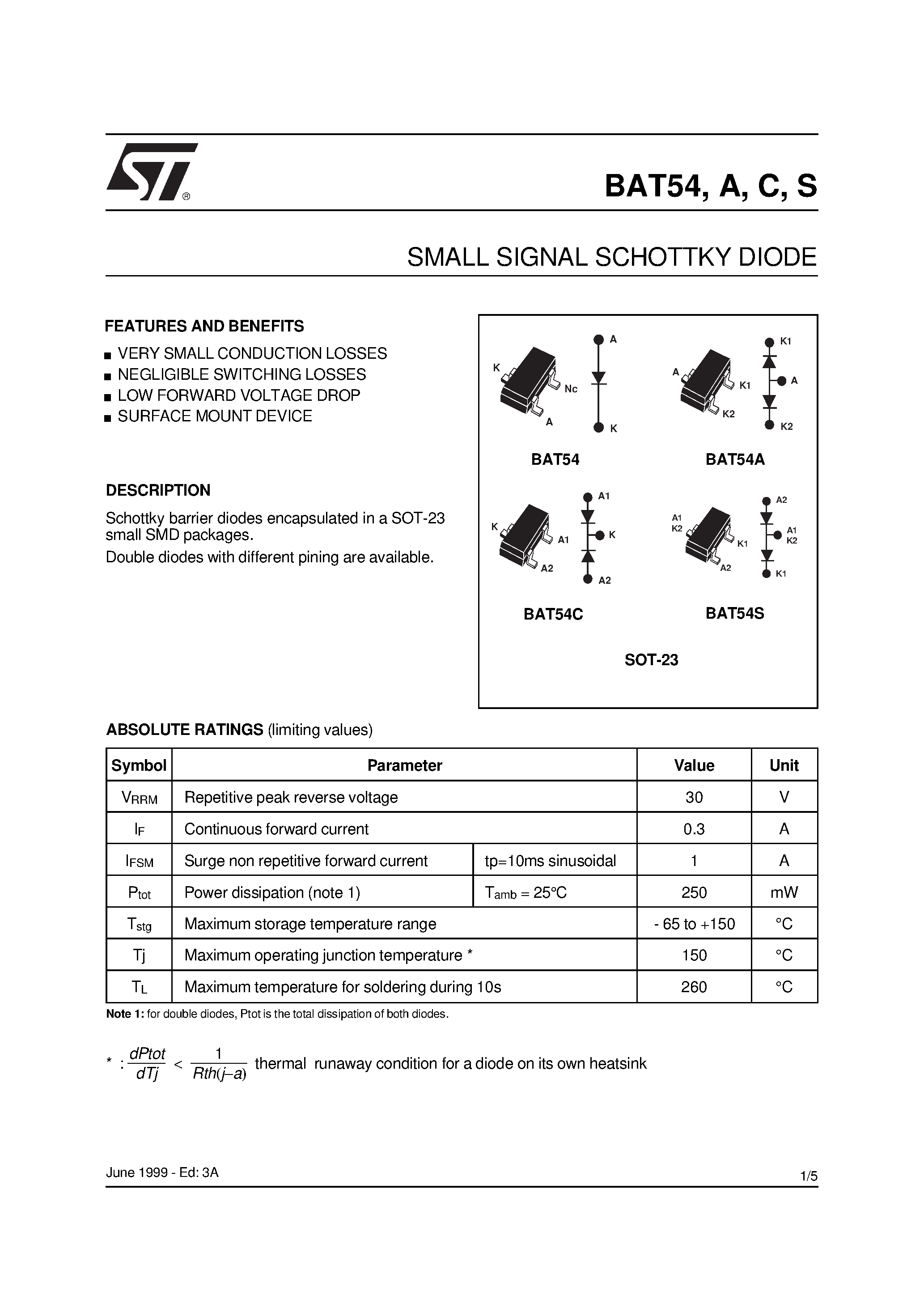 Datasheet BAT54 page 1 Datasheet BAT54 - SMALL SIGNAL SCHOTTKY DIODE page 1