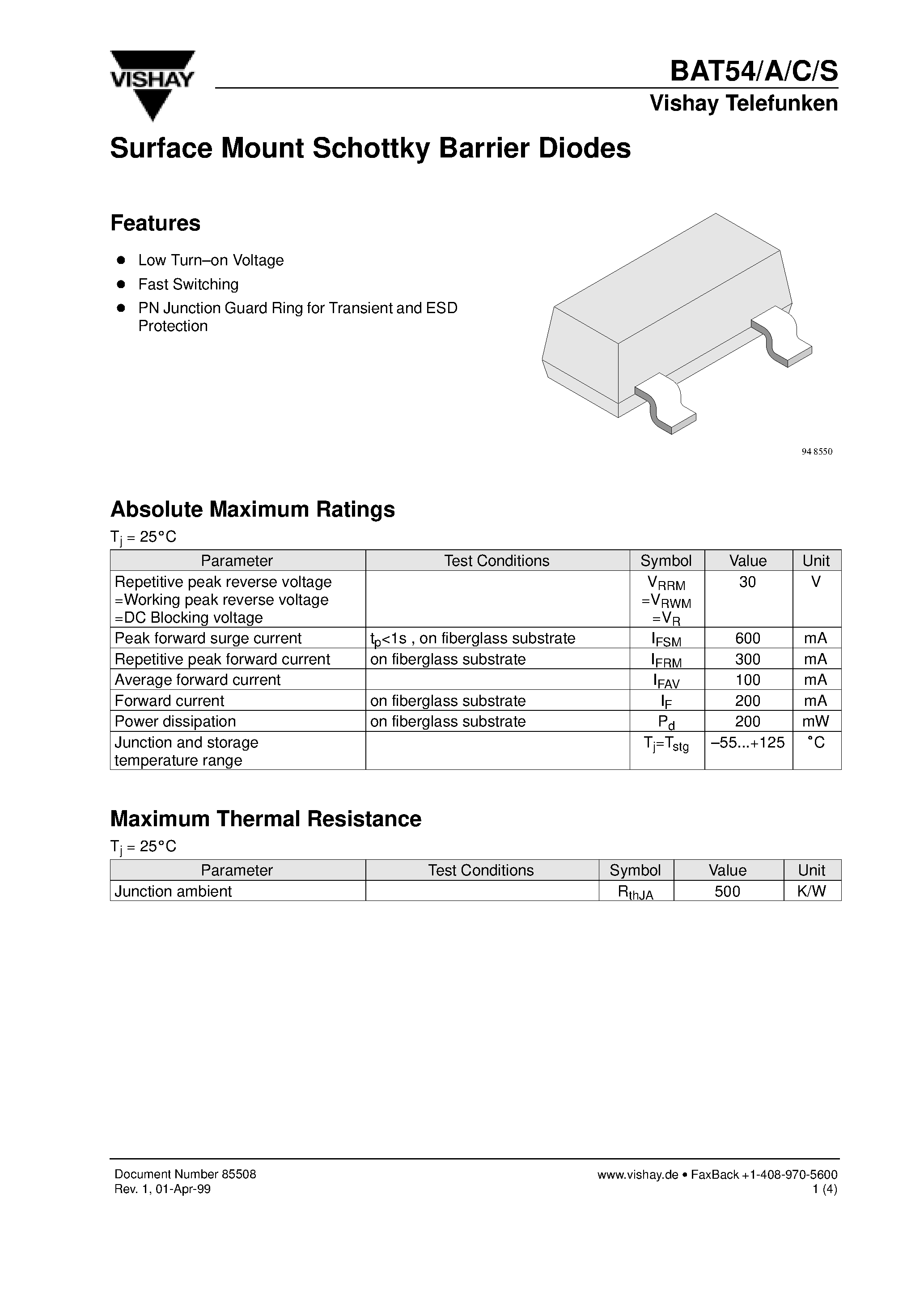 Datasheet BAT54 - Surface Mount Schottky Barrier Diodes page 1
