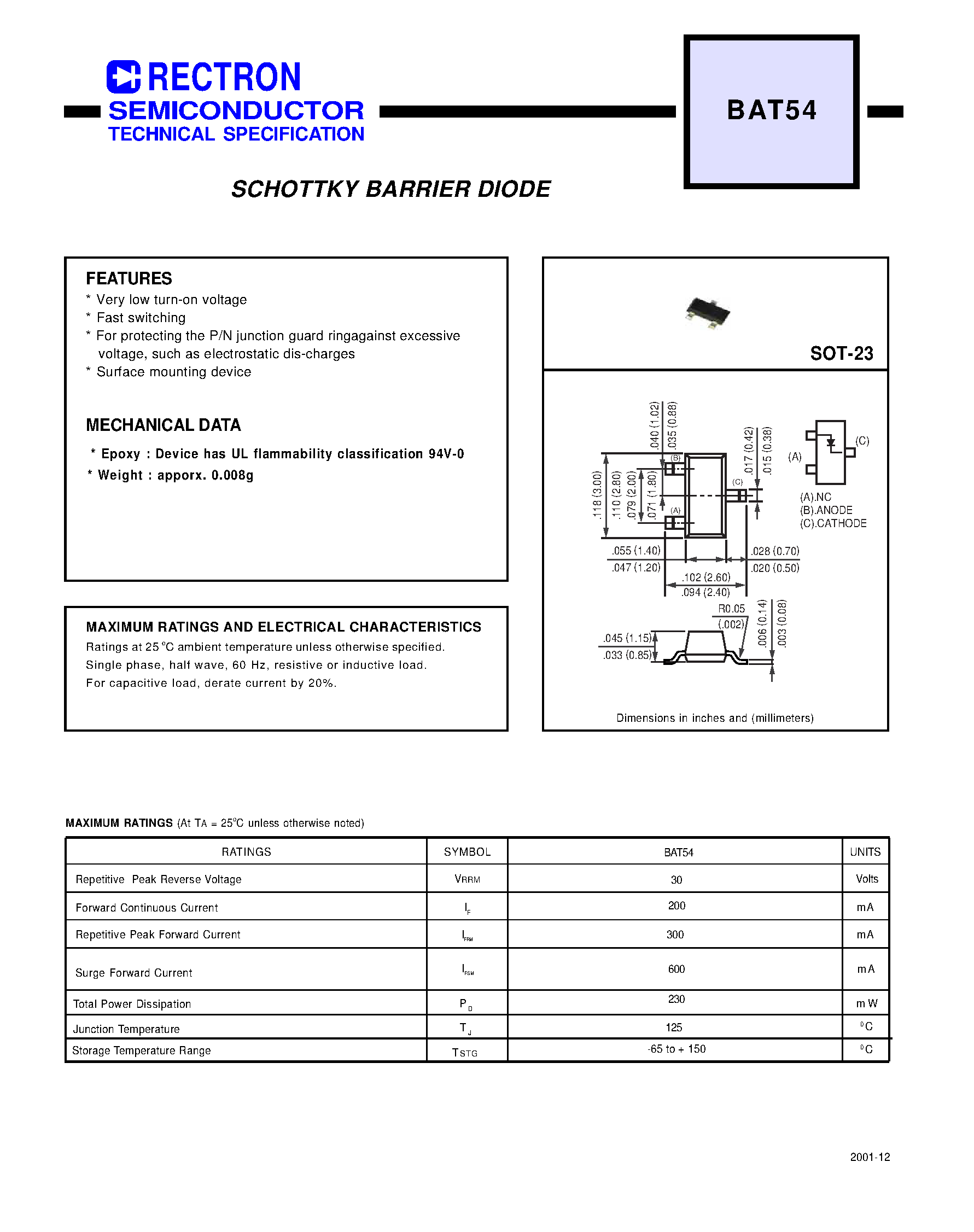 Datasheet BAT54 - SCHOTTKY BARRIER DIODE page 1