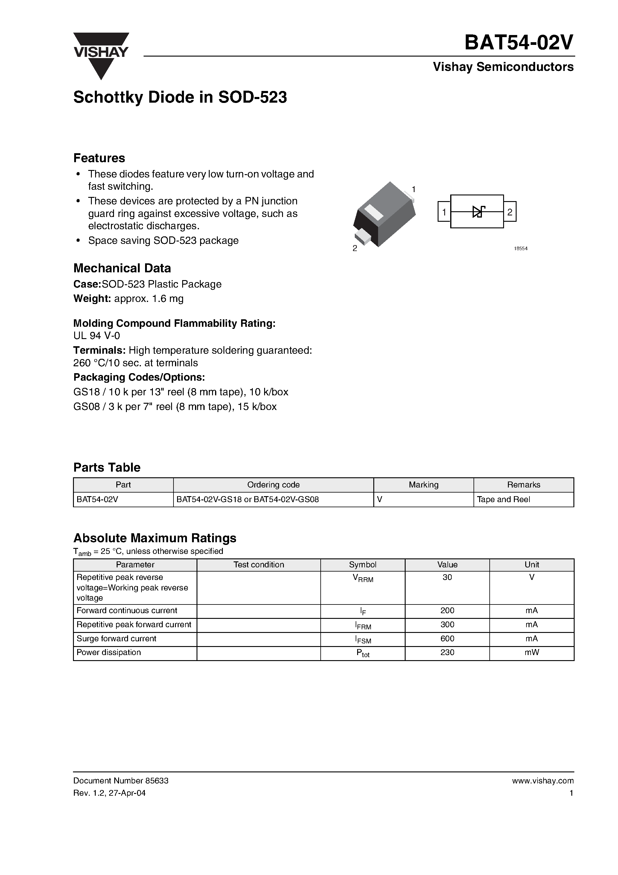 Datasheet BAT54-02V-GS08 page 1 Datasheet BAT54-02V-GS08 - Schottky Diode in SOD-523 page 1