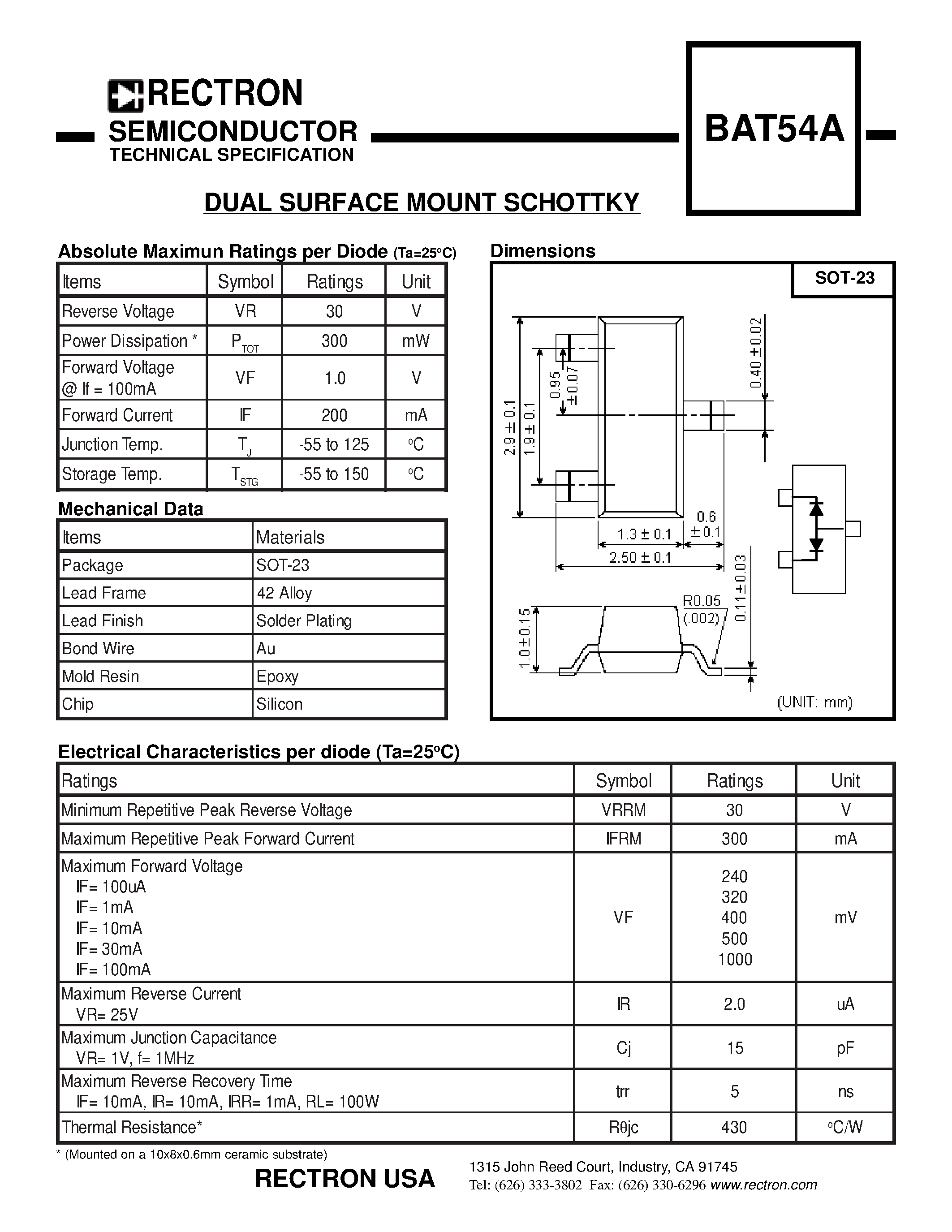 Datasheet BAT54A - DUAL SURFACE MOUNT SCHOTTKY page 1