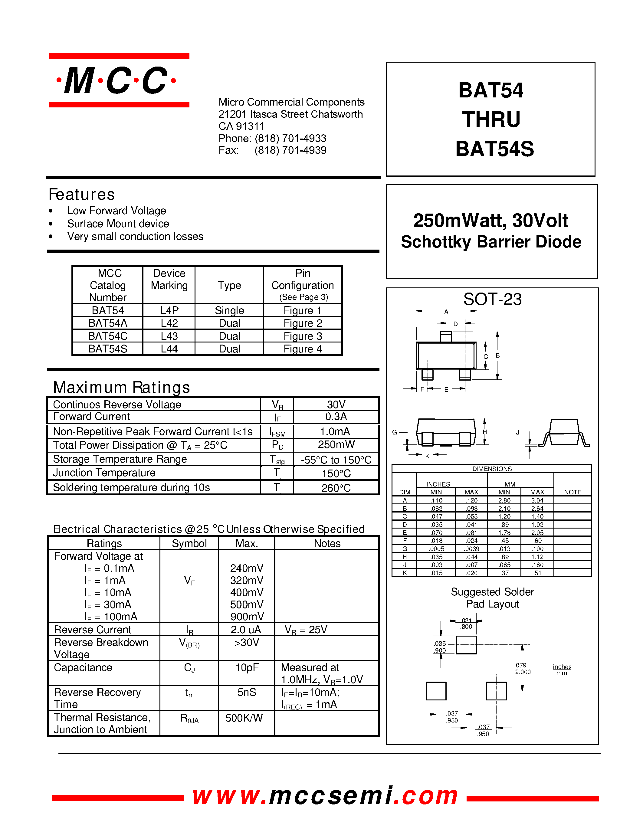 Datasheet BAT54A page 1 Datasheet BAT54A - 250mWatt/ 30Volt Schottky Barrier Diode page 1