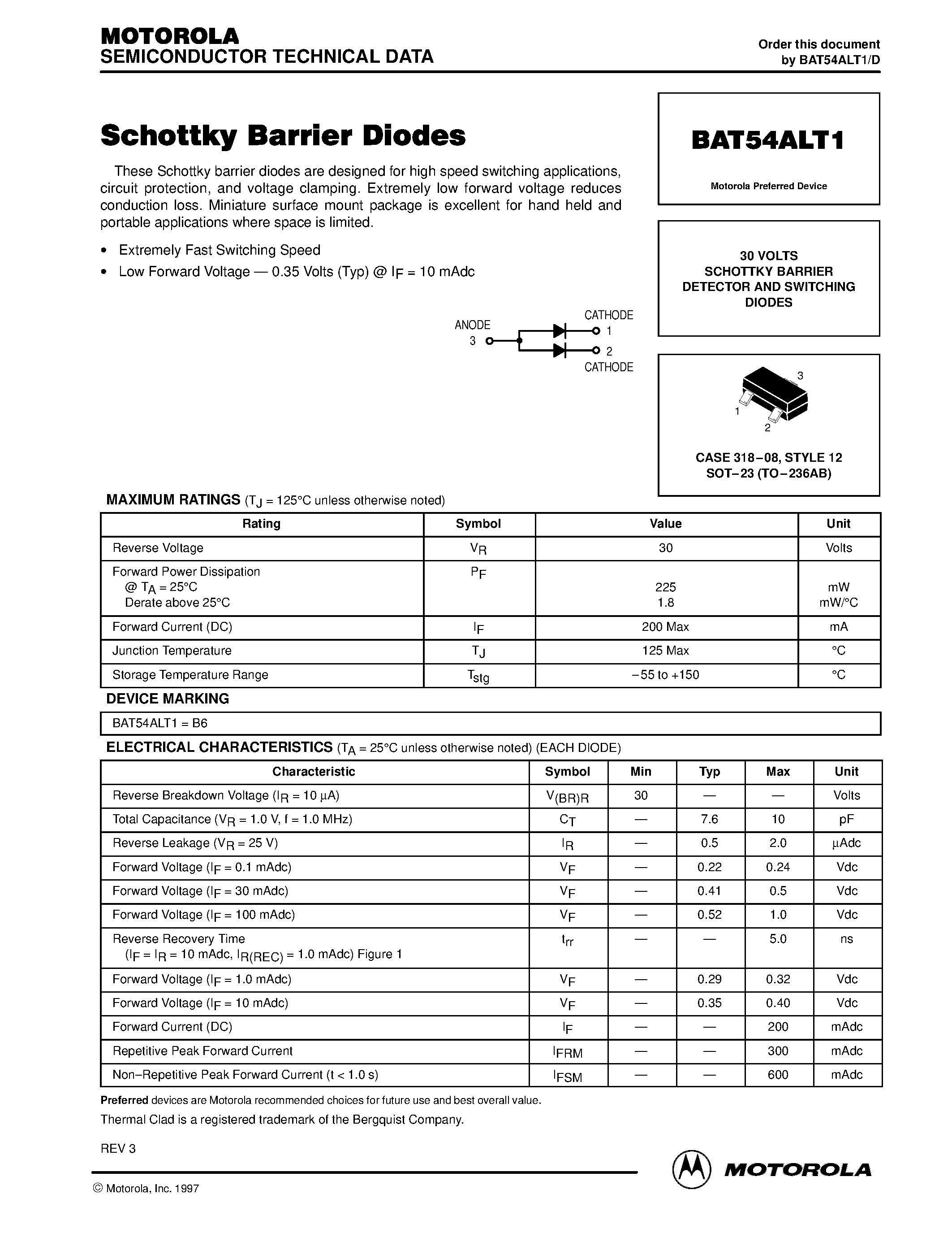 Datasheet BAT54ALT1 - 30 VOLTS SCHOTTKY BARRIER DETECTOR AND SWITCHING DIODES page 1