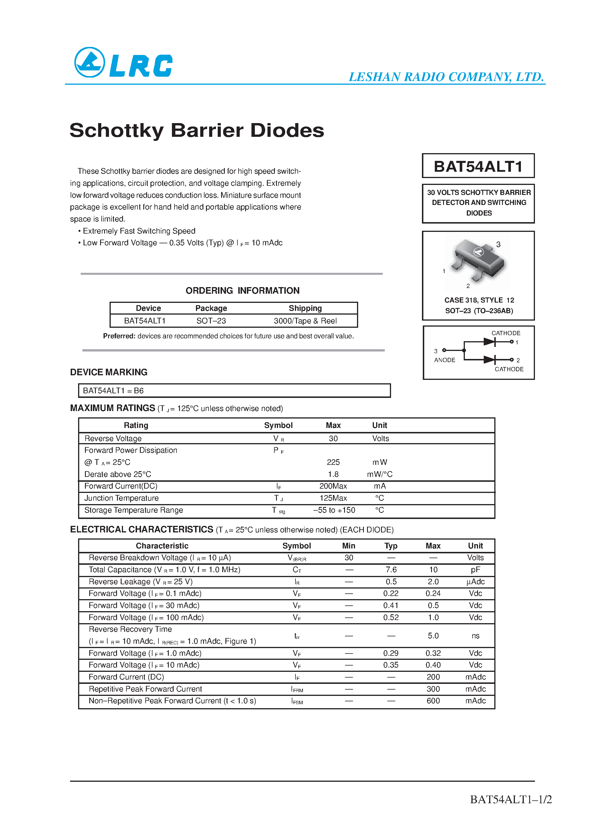 Datasheet BAT54ALT1 - Schottky Barrier Diodes page 1