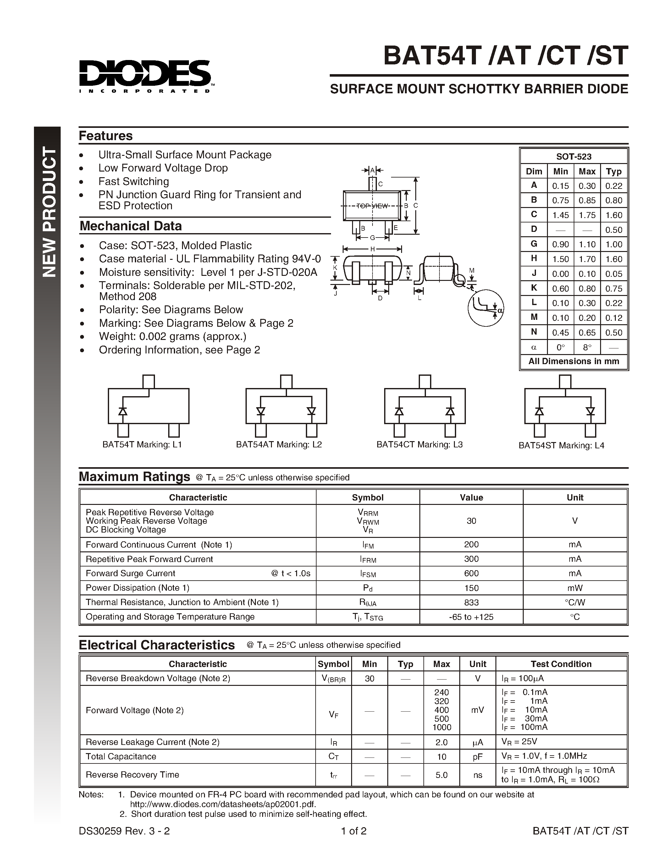 Datasheet BAT54AT-7 - SURFACE MOUNT SCHOTTKY BARRIER DIODE page 1