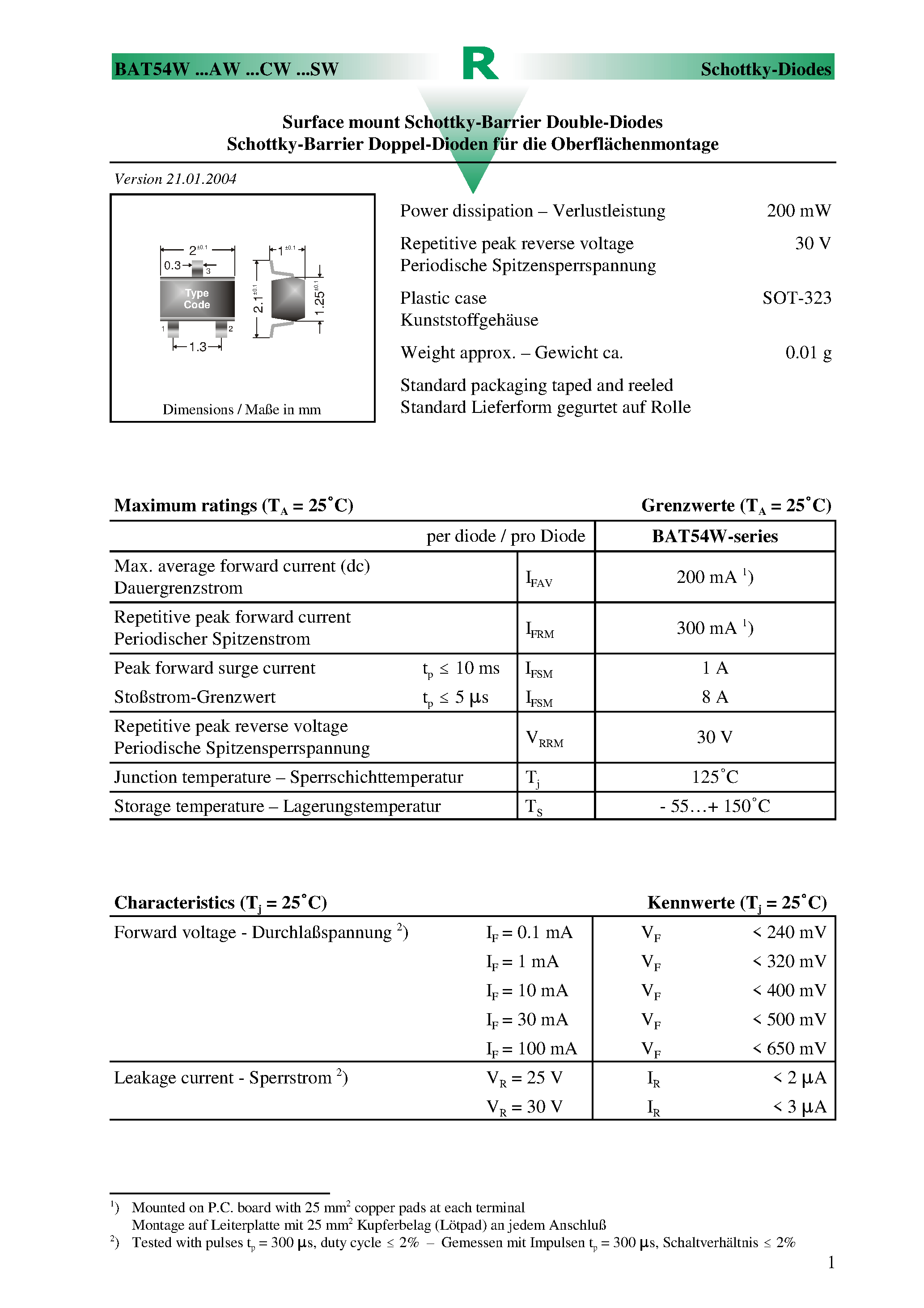 Datasheet BAT54AW - Surface mount Schottky-Barrier Double-Diodes page 1