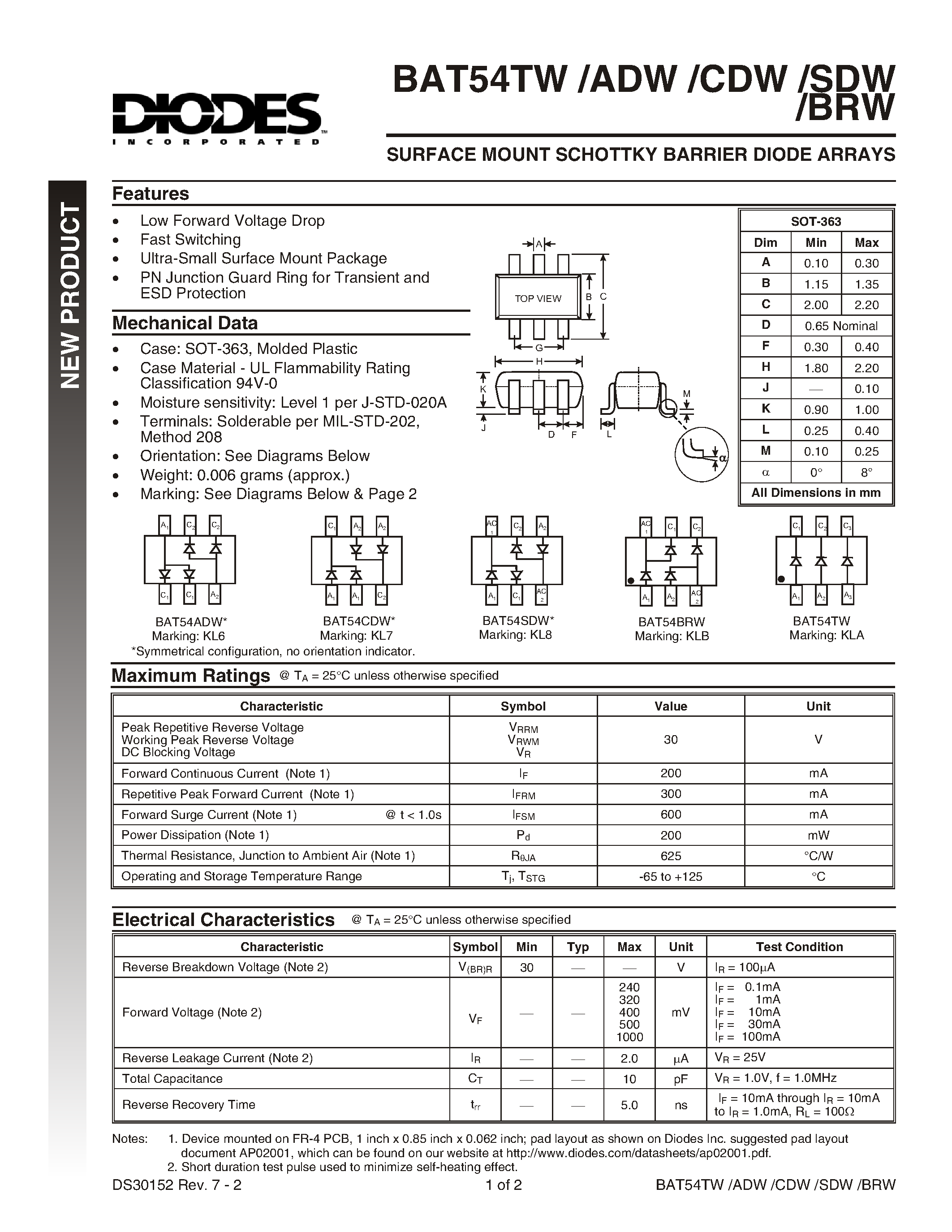 Datasheet BAT54BRW-7 - SURFACE MOUNT SCHOTTKY BARRIER DIODE ARRAYS page 1