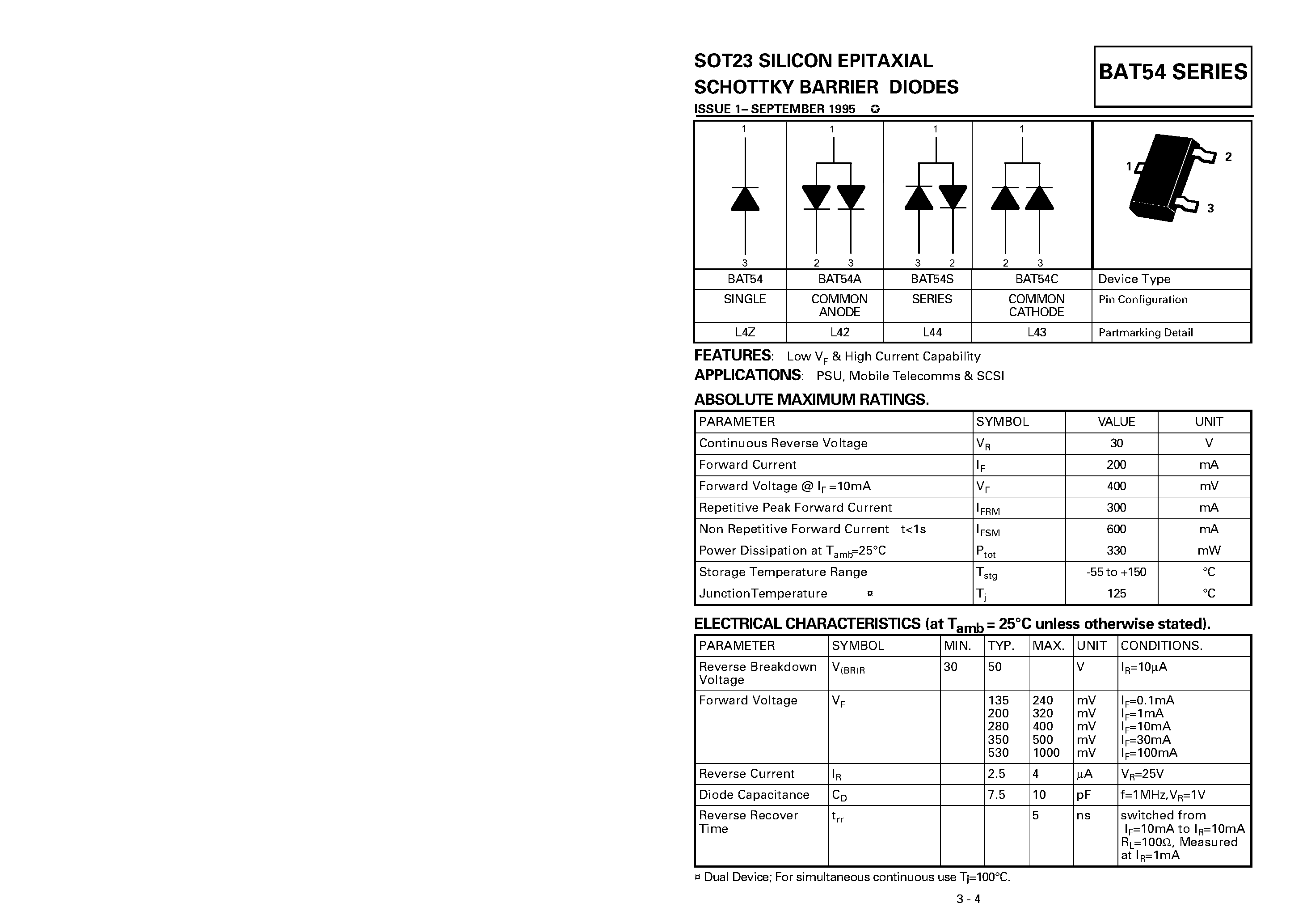 Datasheet BAT54C - SILICON EPITAXIAL SCHOTTKY BARRIER DIODES page 1