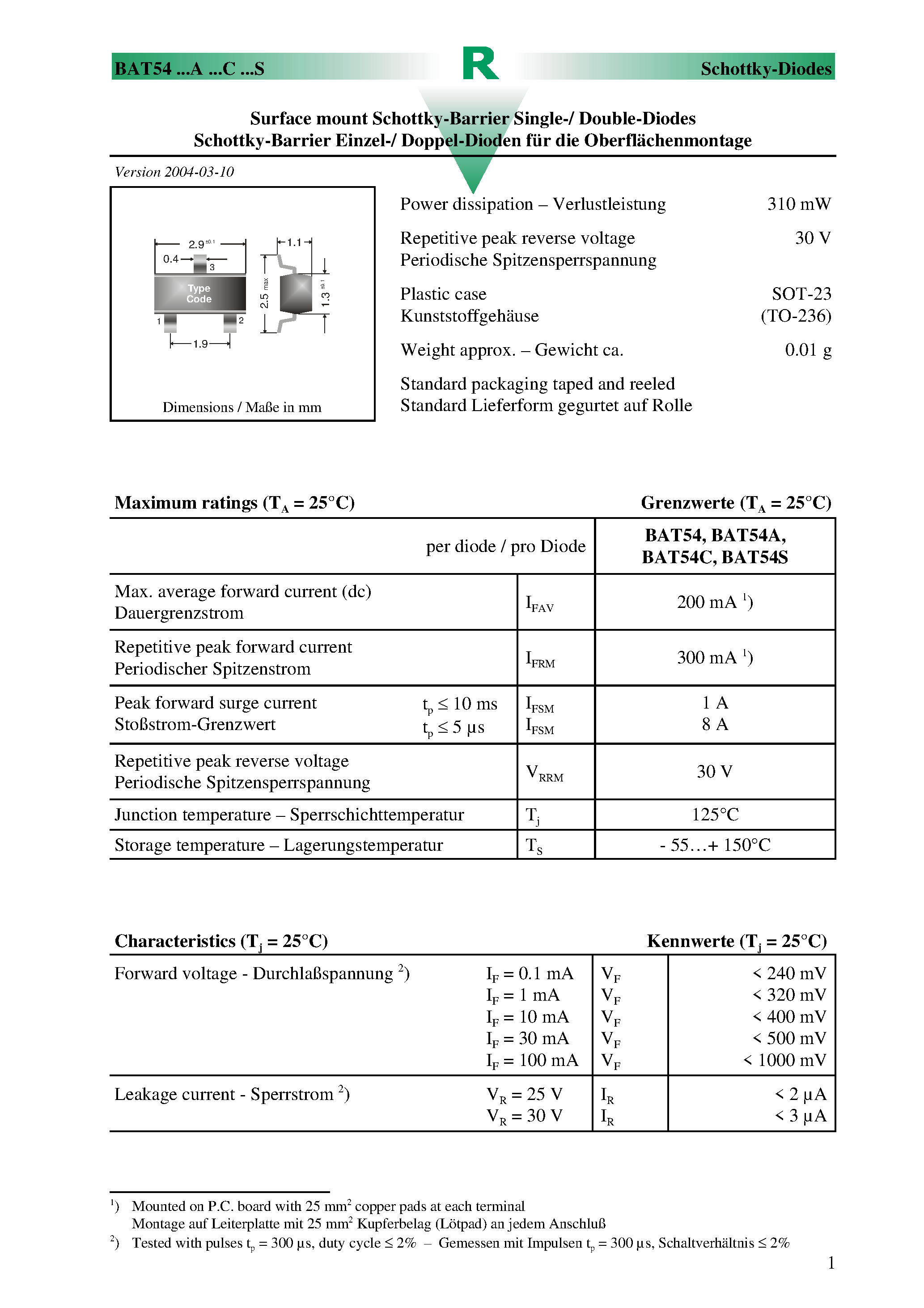 Datasheet BAT54C - Surface mount Schottky-Barrier Single-/ Double-Diodes page 1