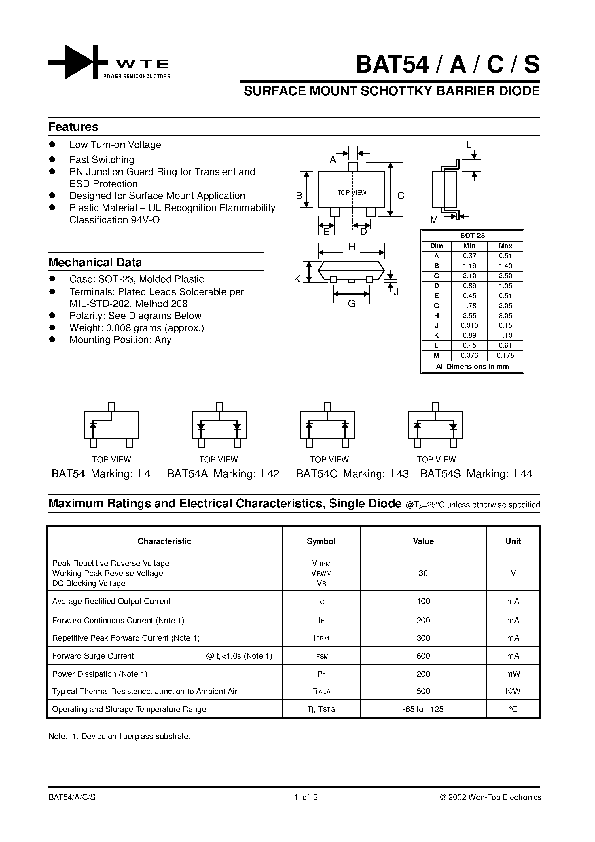 Datasheet BAT54C-T3 - SURFACE MOUNT SCHOTTKY BARRIER DIODE page 1