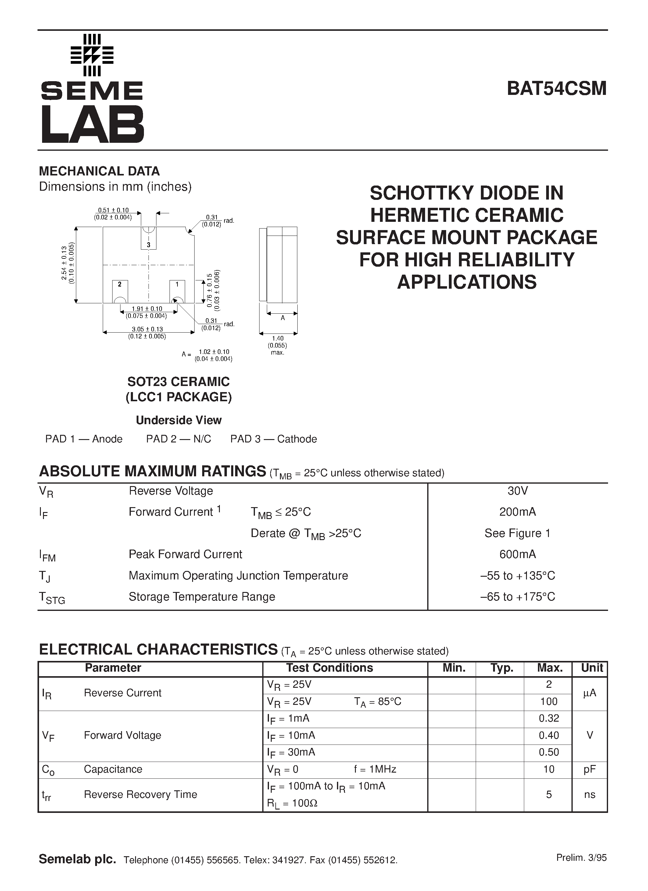 Datasheet BAT54CSM - SCHOTTKY DIODE IN HERMETIC CERAMIC SURFACE MOUNT PACKAGE FOR HIGH RELIABILITY APPLICATIONS page 1