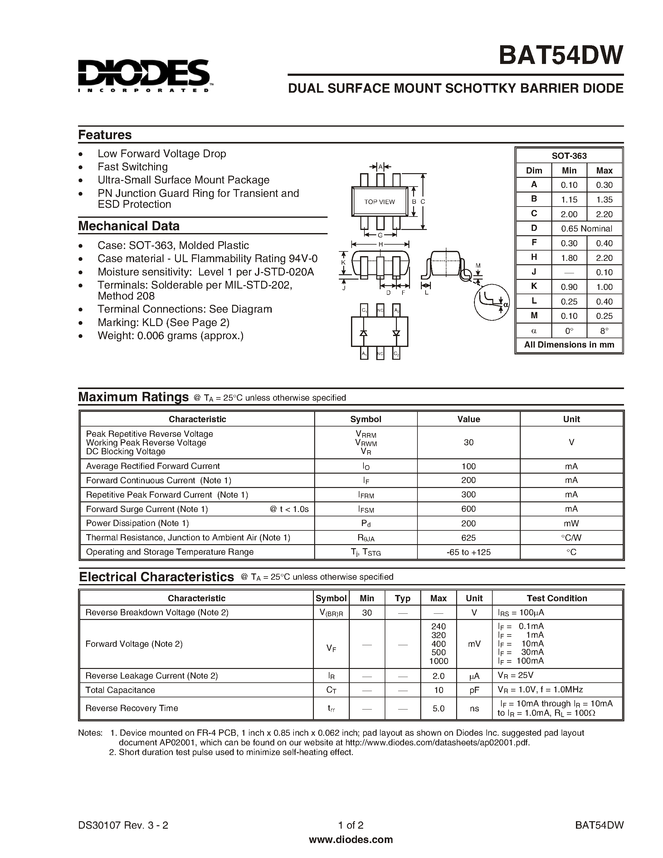 Datasheet BAT54DW-7 - DUAL SURFACE MOUNT SCHOTTKY BARRIER DIODE page 1