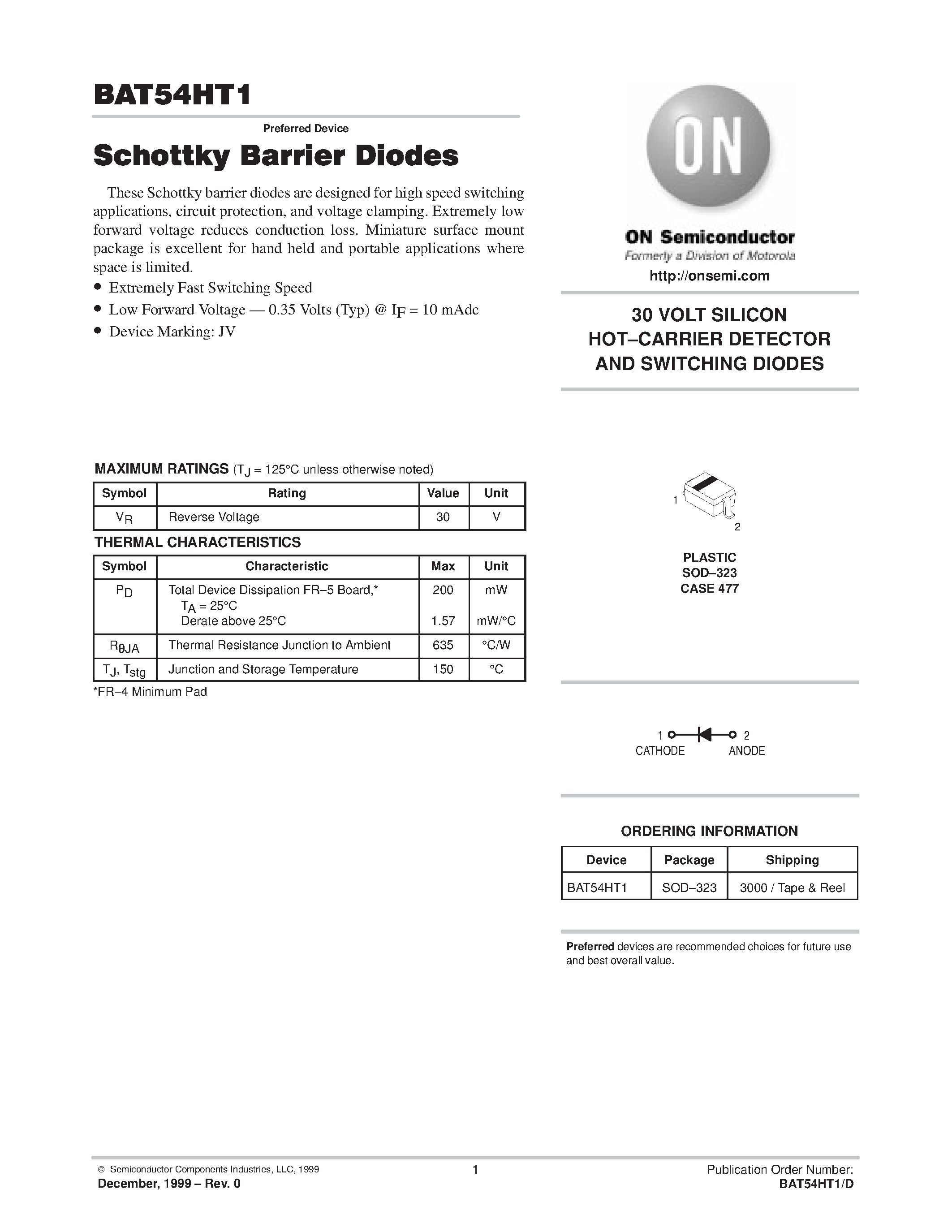 Datasheet BAT54HT1 - Schottky Barrier Diodes page 1