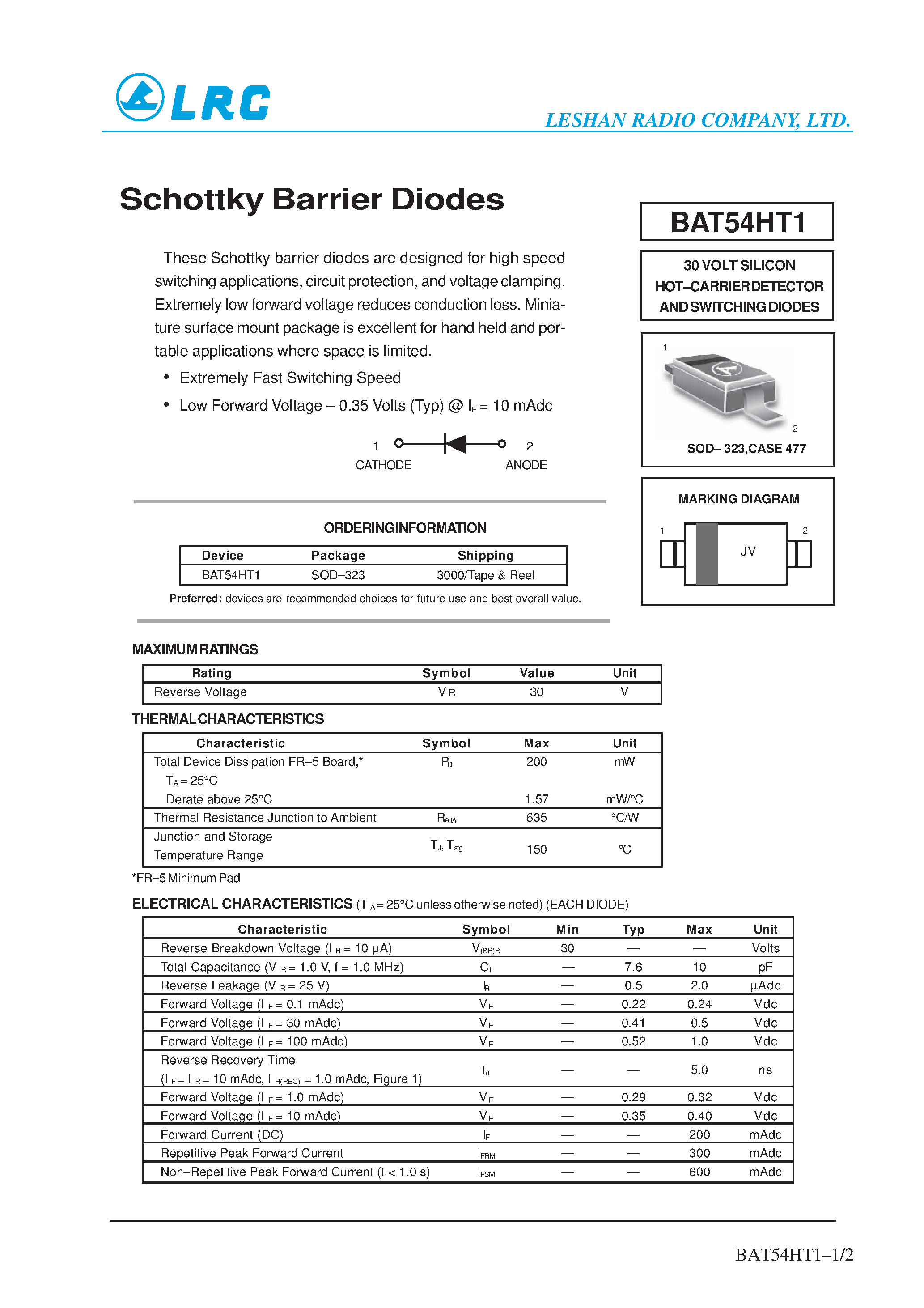 Datasheet BAT54HT1 - Schottky Barrier Diodes page 1