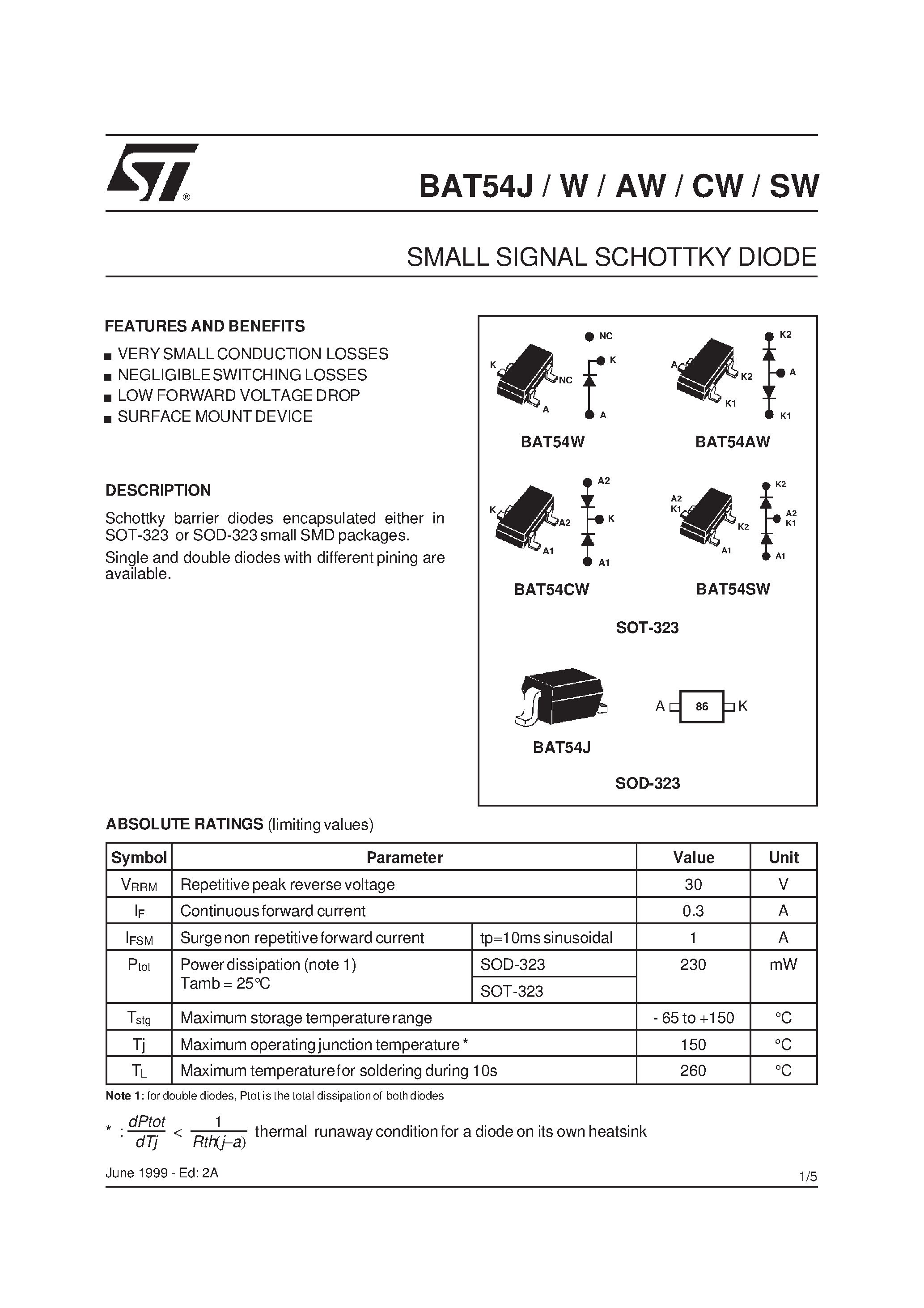 Datasheet BAT54J - SMALL SIGNAL SCHOTTKY DIODE page 1