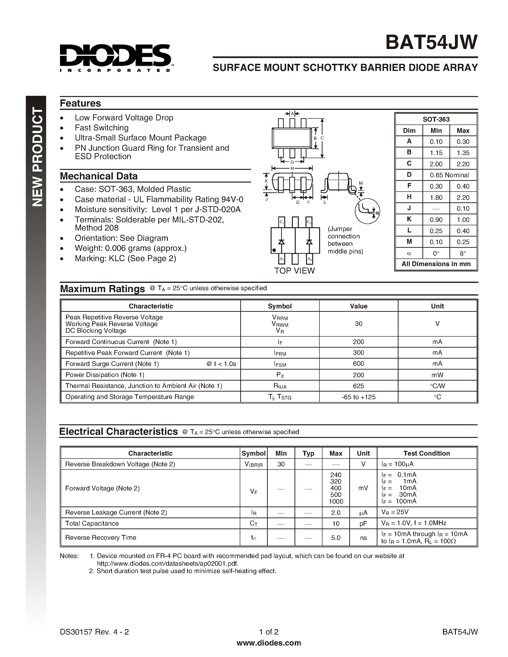 Datasheet BAT54JW page 1 Datasheet BAT54JW - Sub-miniature Schottky Diodes & Arrays in page 1