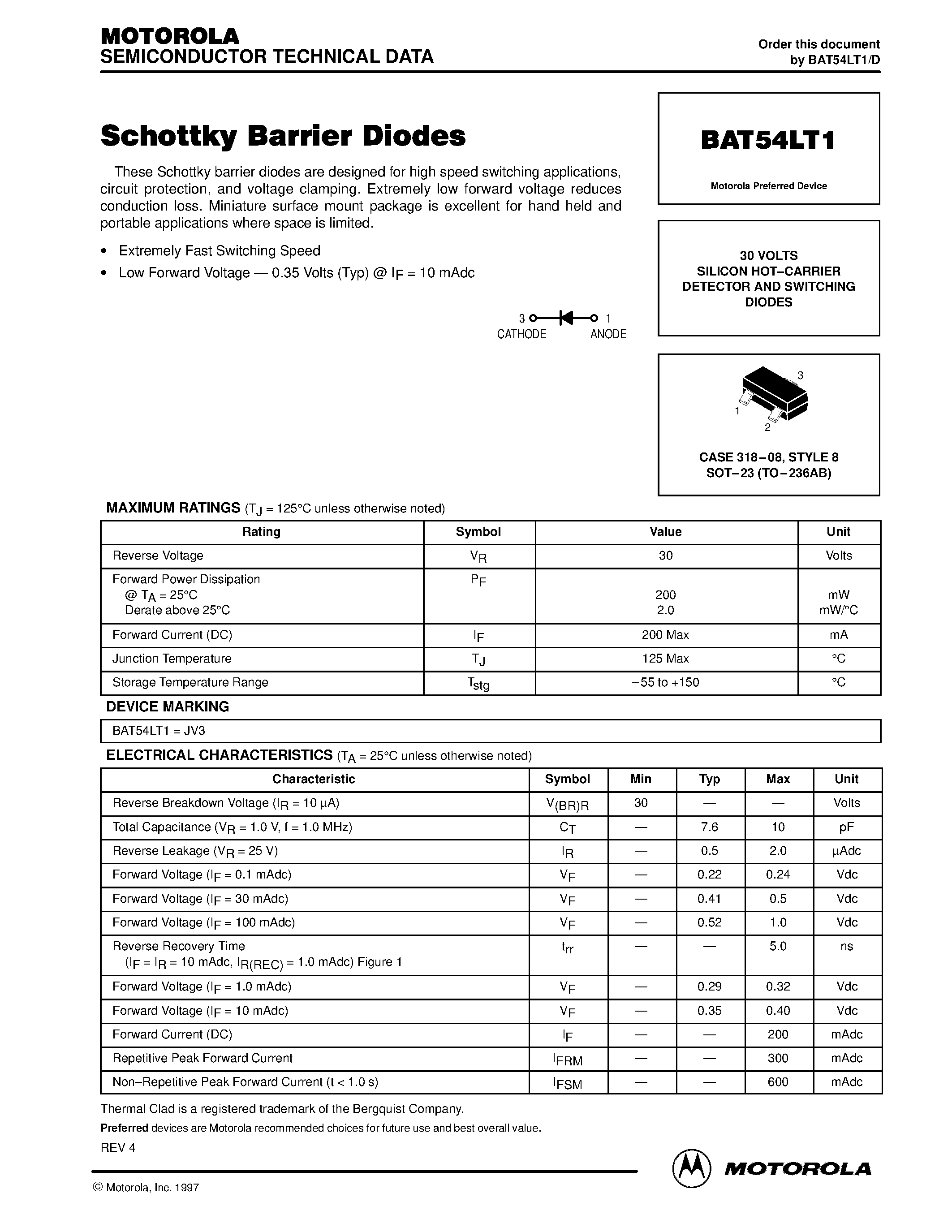 Datasheet BAT54LT1 - Schottky Barrier Diodes page 1