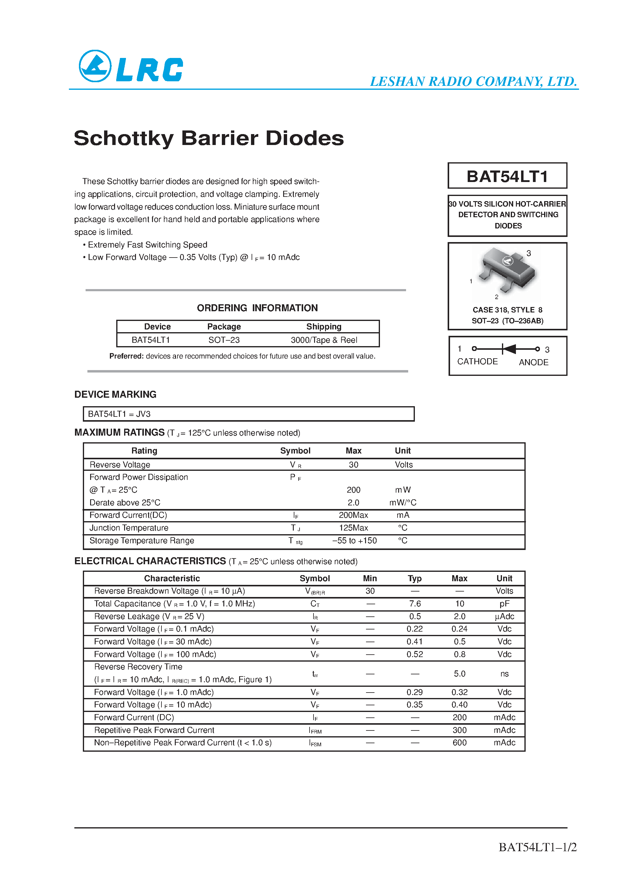 Datasheet BAT54LT1 - Schottky Barrier Diodes page 1