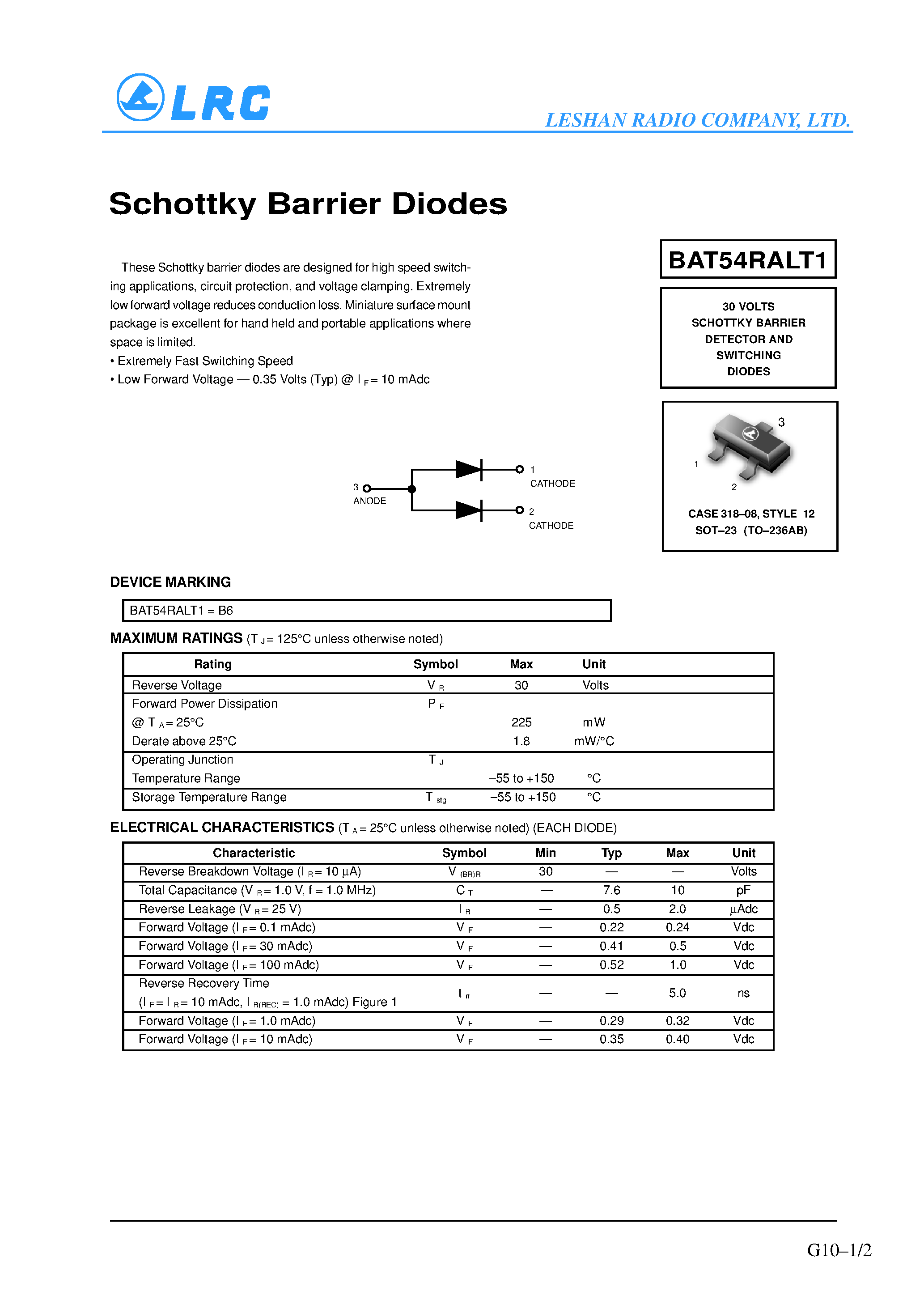 Datasheet BAT54RALT1 - Schottky Barrier Diodes page 1