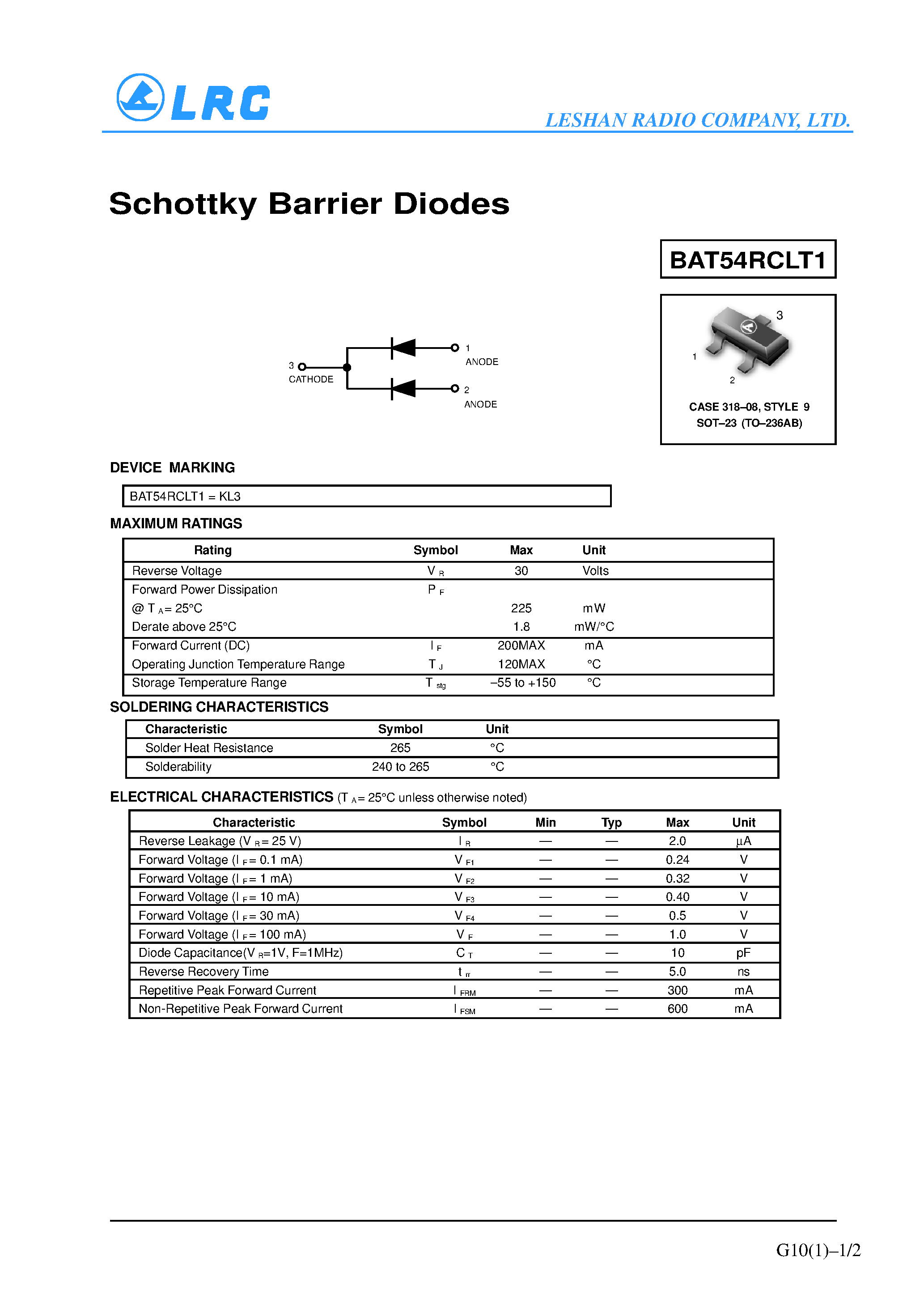 Datasheet BAT54RCLT1 - Schottky Barrier Diodes page 1