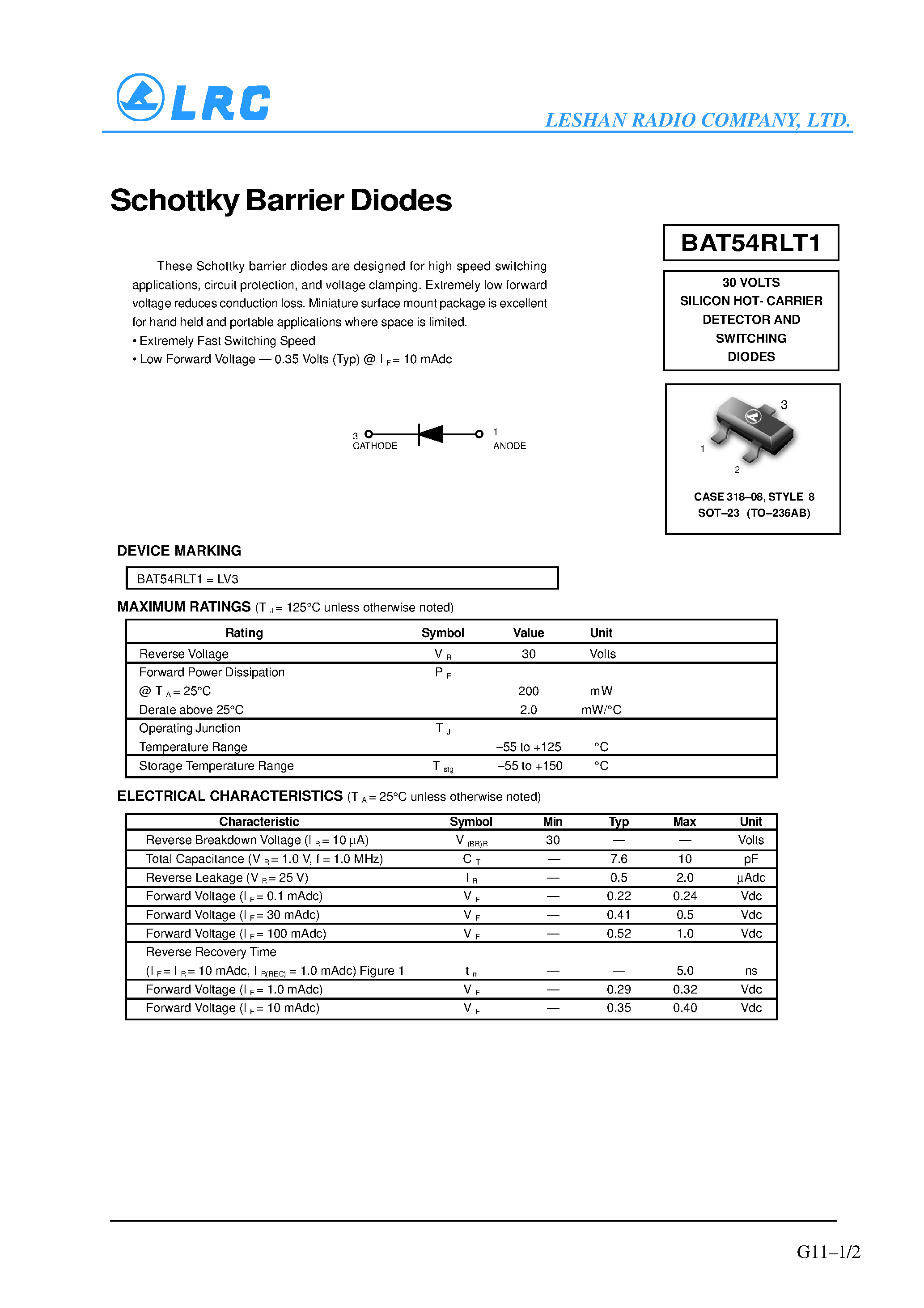 Datasheet BAT54RLT1 - Schottky Barrier Diodes page 1