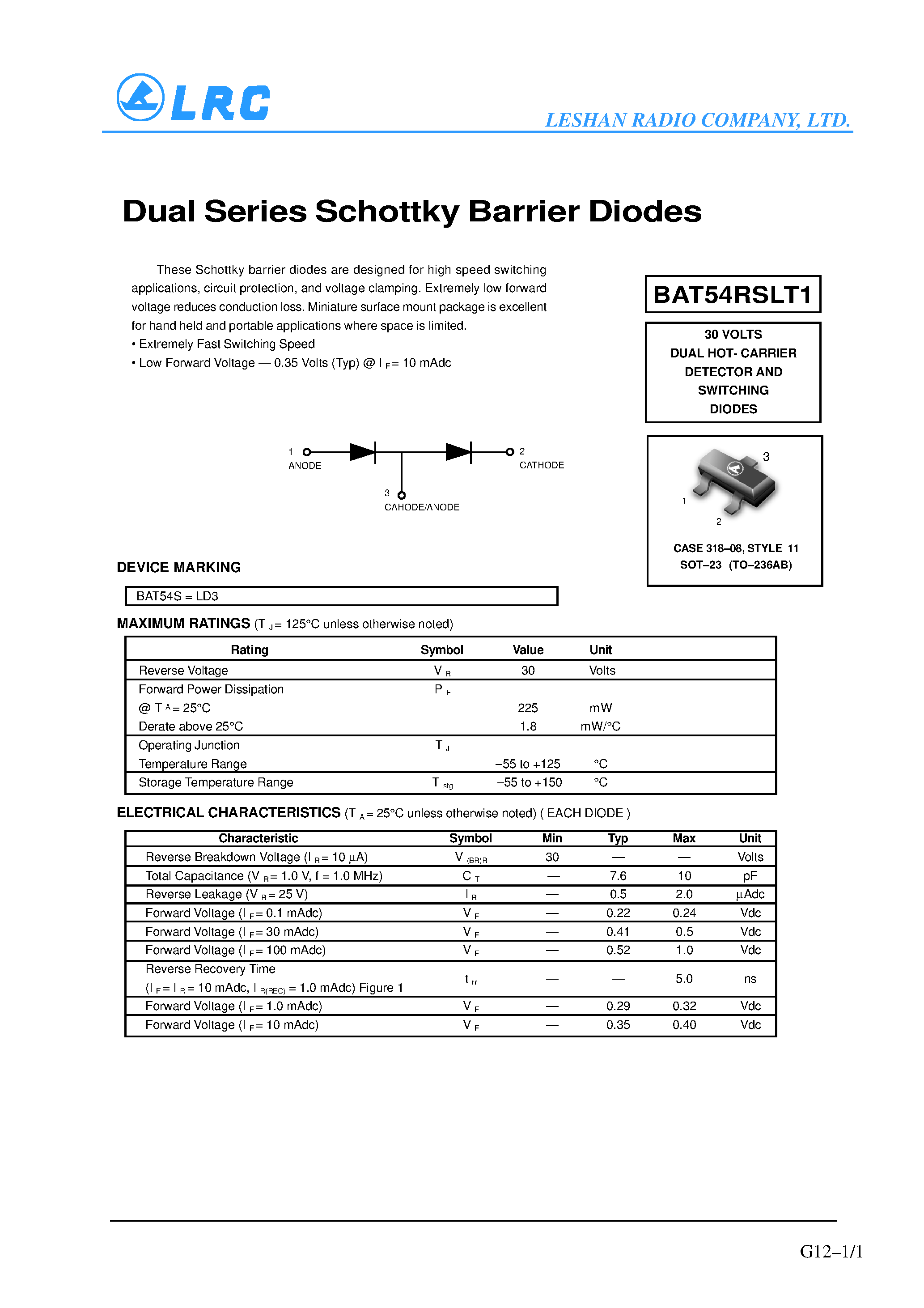 Datasheet BAT54RSLT1 - Dual Series Schottky Barrier Diodes page 1