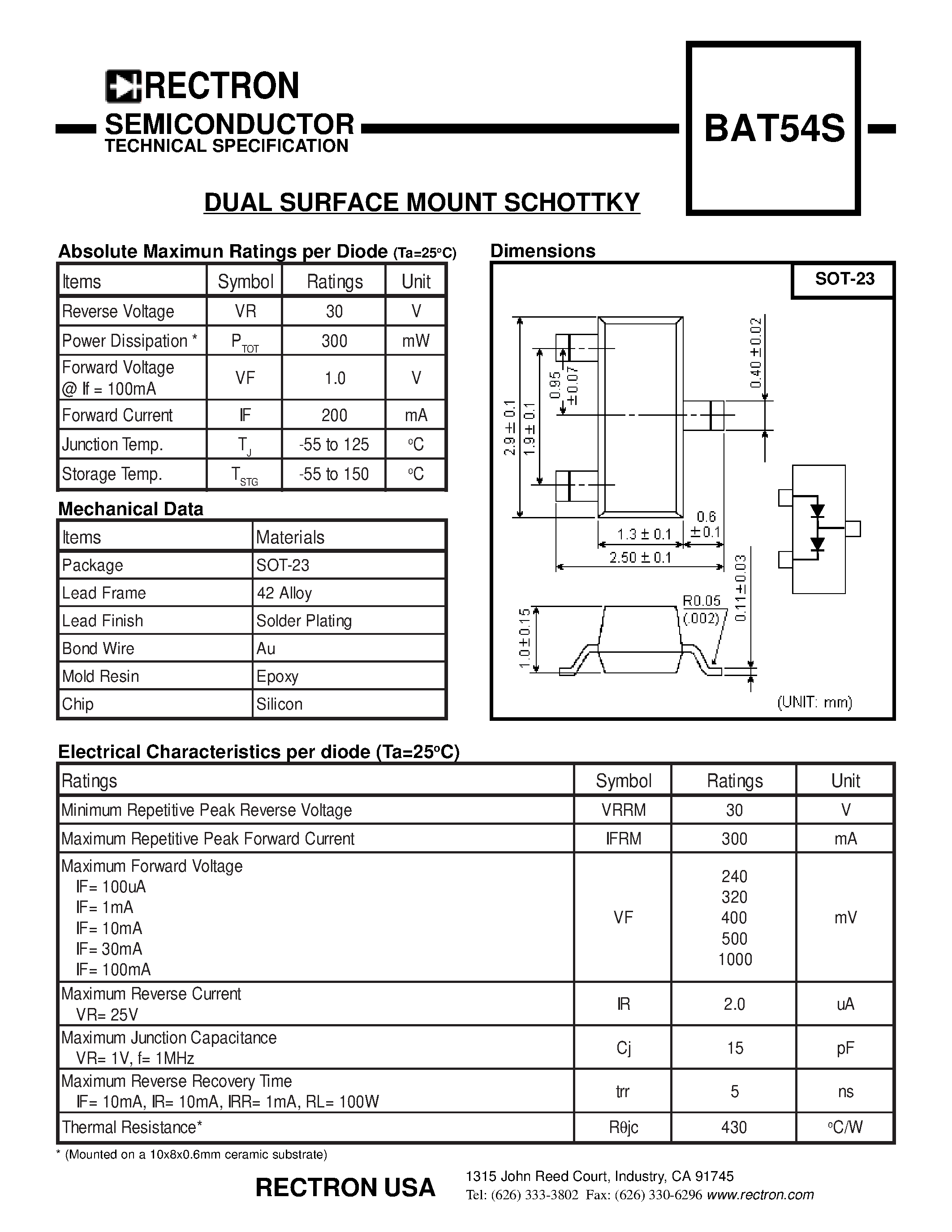 Datasheet BAT54S - DUAL SURFACE MOUNT SCHOTTKY page 1