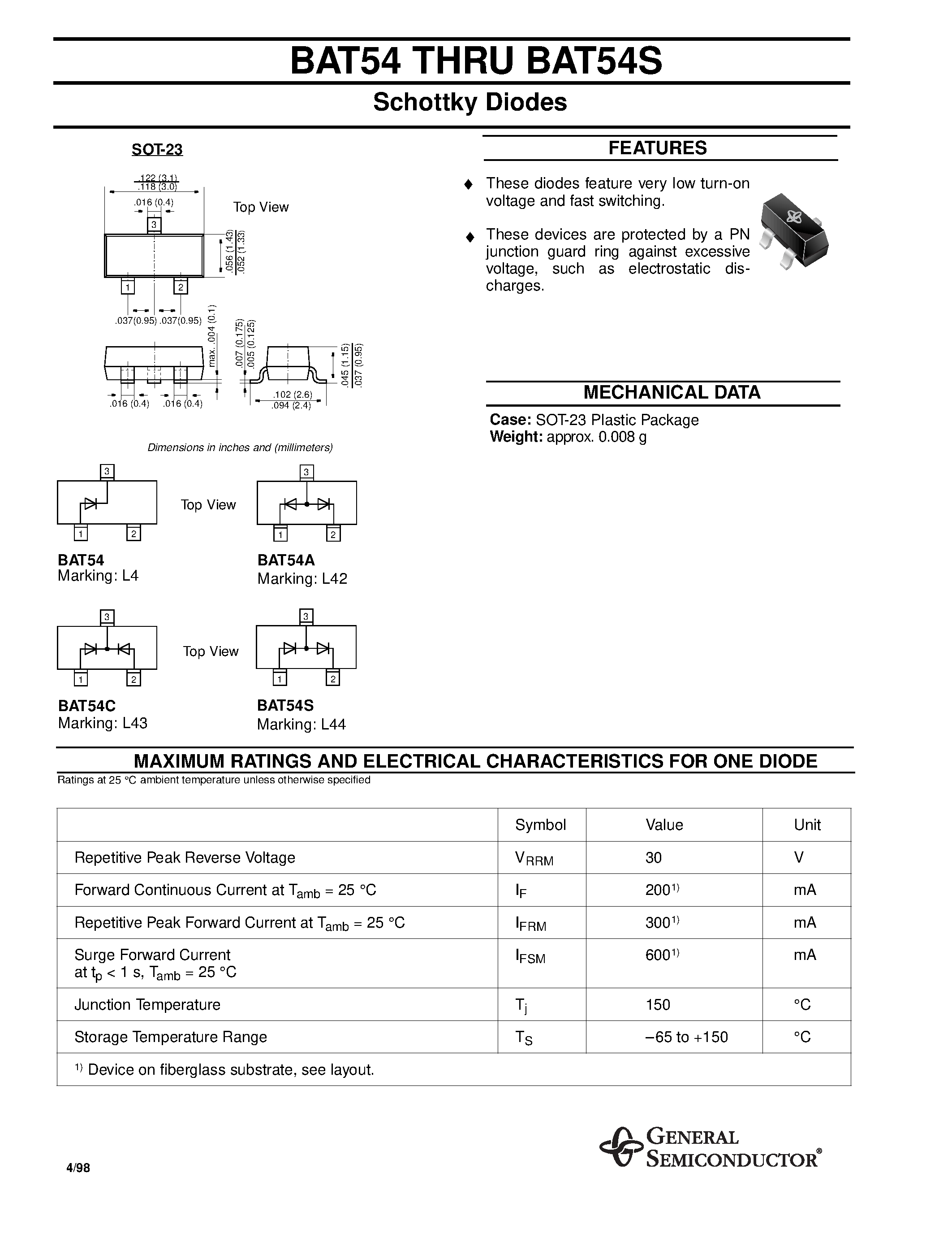 Datasheet BAT54S - Schottky Diodes page 1