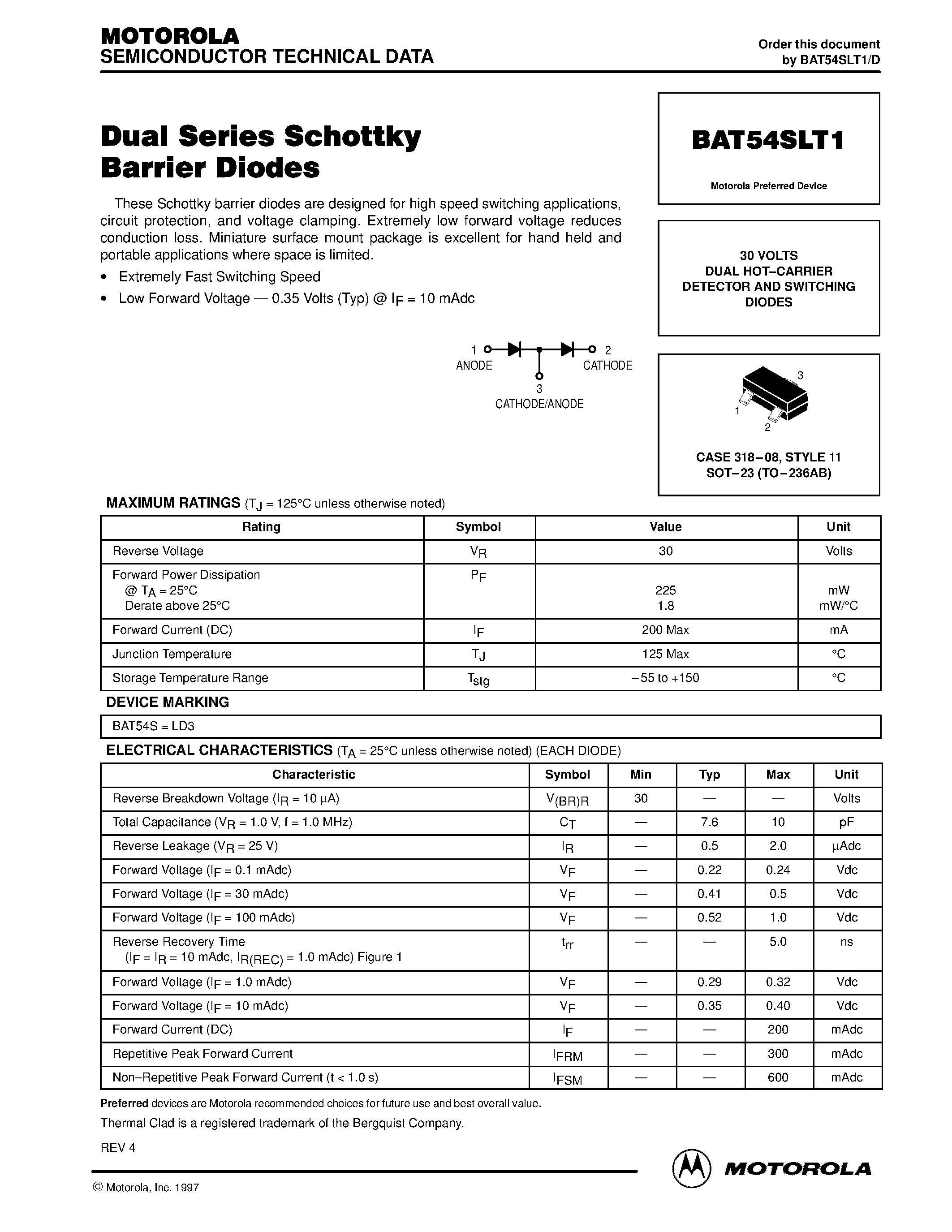 Datasheet BAT54SLT1 - 30 VOLTS DUAL HOT-CARRIER DETECTOR AND SWITCHING DIODES page 1