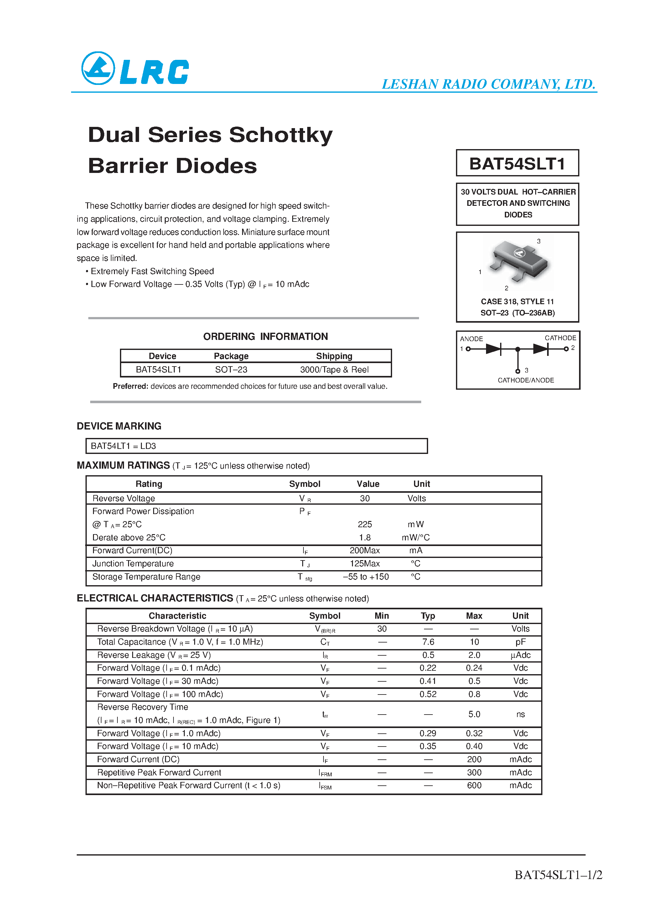 Datasheet BAT54SLT1 - Dual Series Schokttky Barrier Diodes page 1