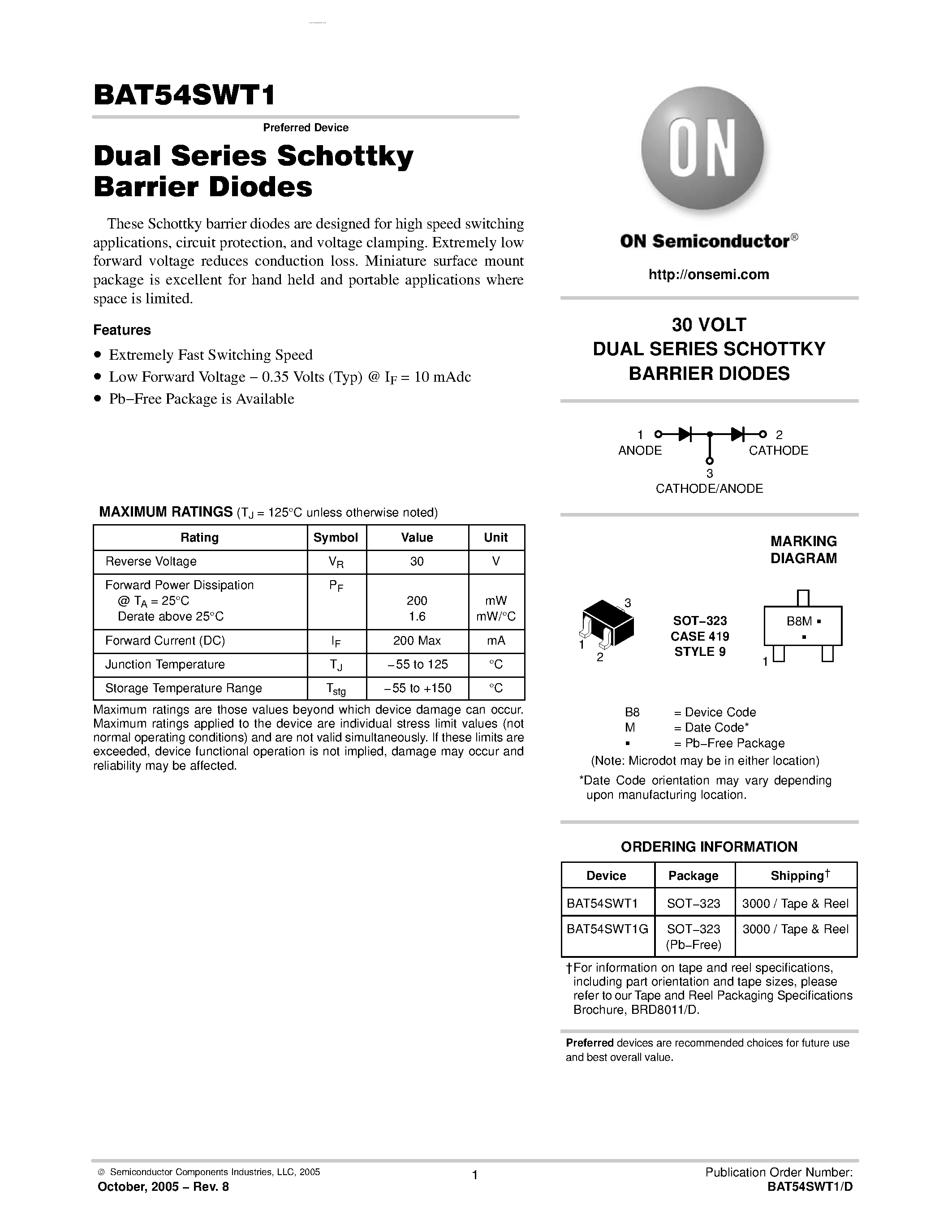 Datasheet BAT54SWT1 - DUAL SERIES SCHOTTKY BARRIER DIODES page 1