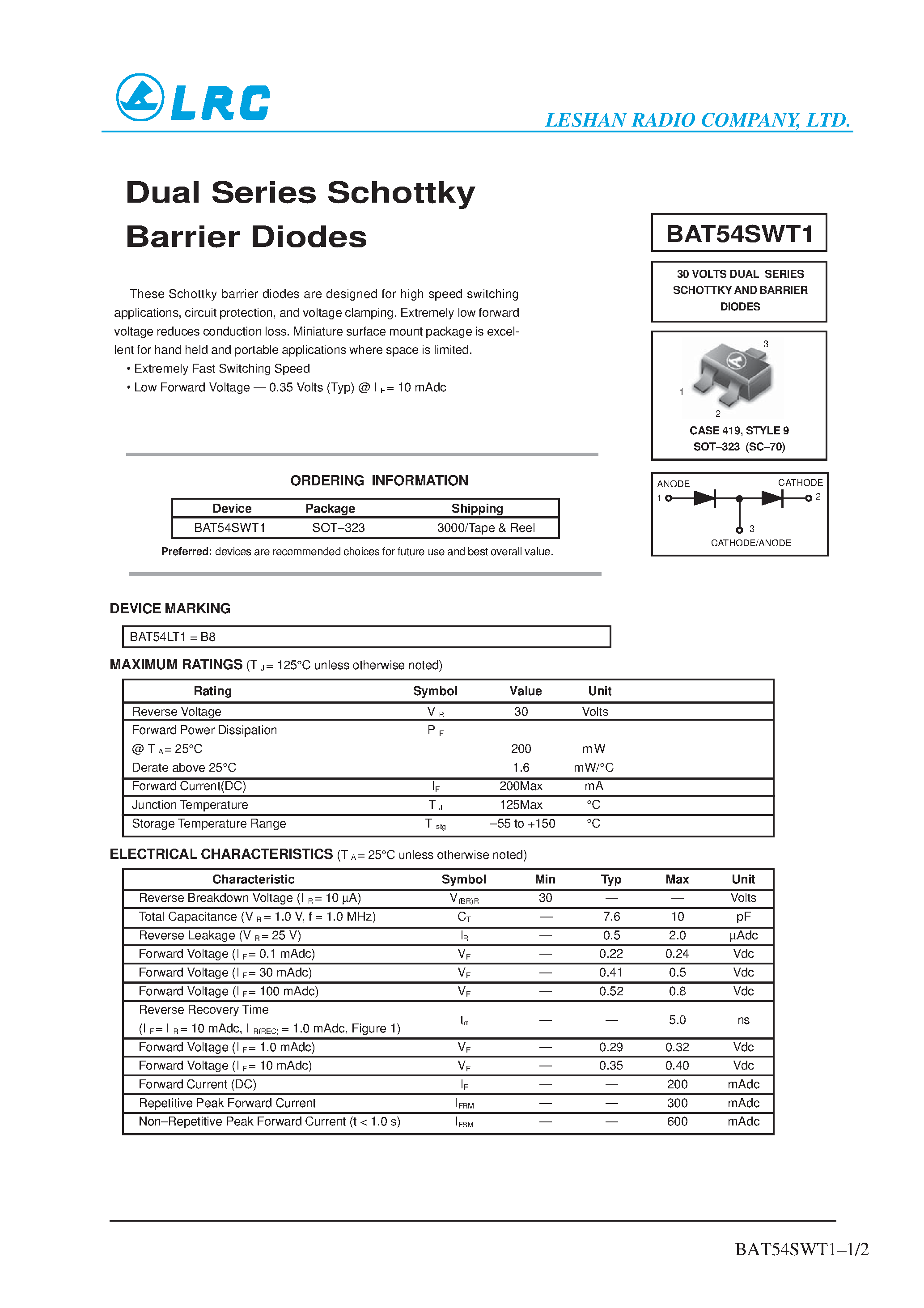 Datasheet BAT54SWT1 - Dual Series Schottky Barrier Diodes page 1