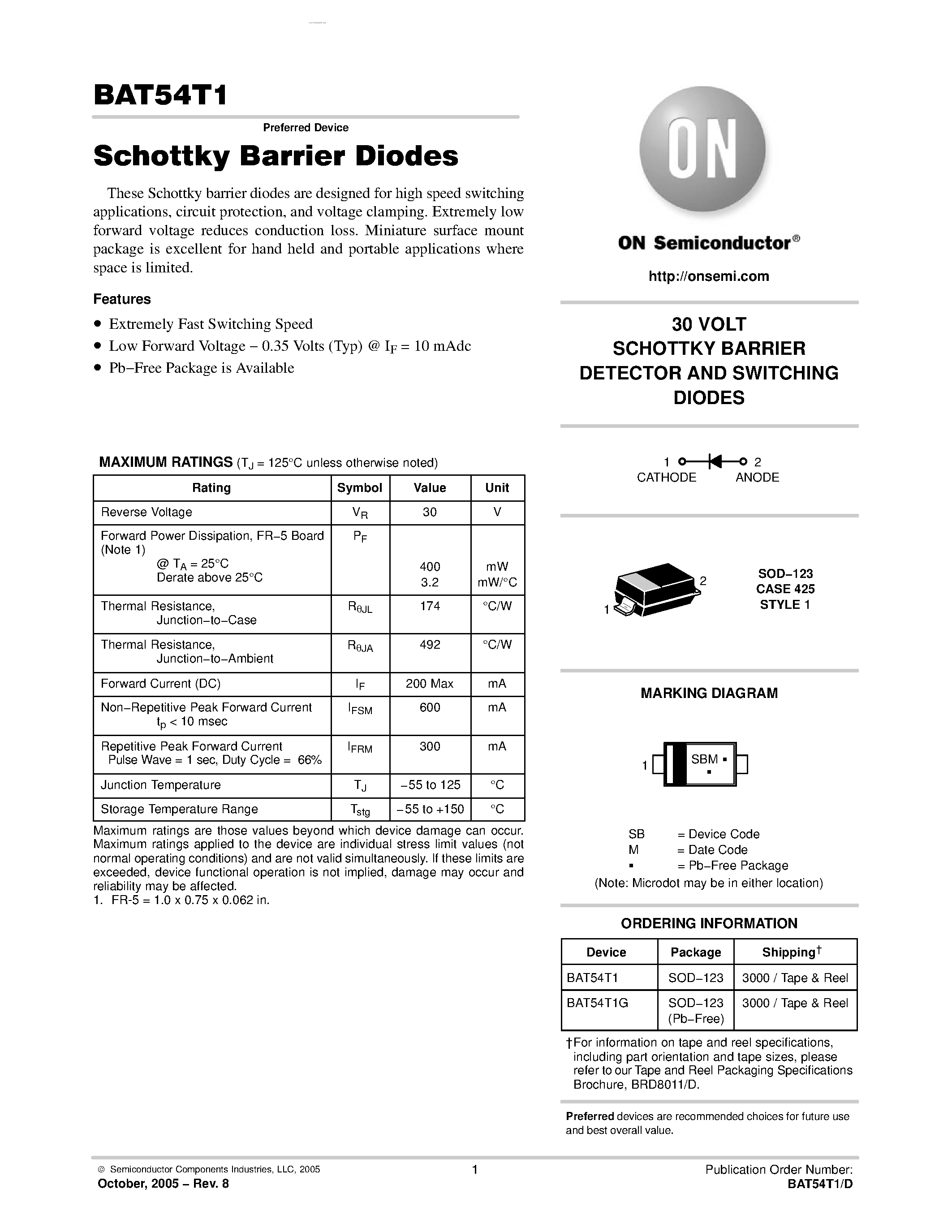 Datasheet BAT54T1 - SCHOTTKY BARRIER DETECTOR AND SWITCHING DIODE page 1