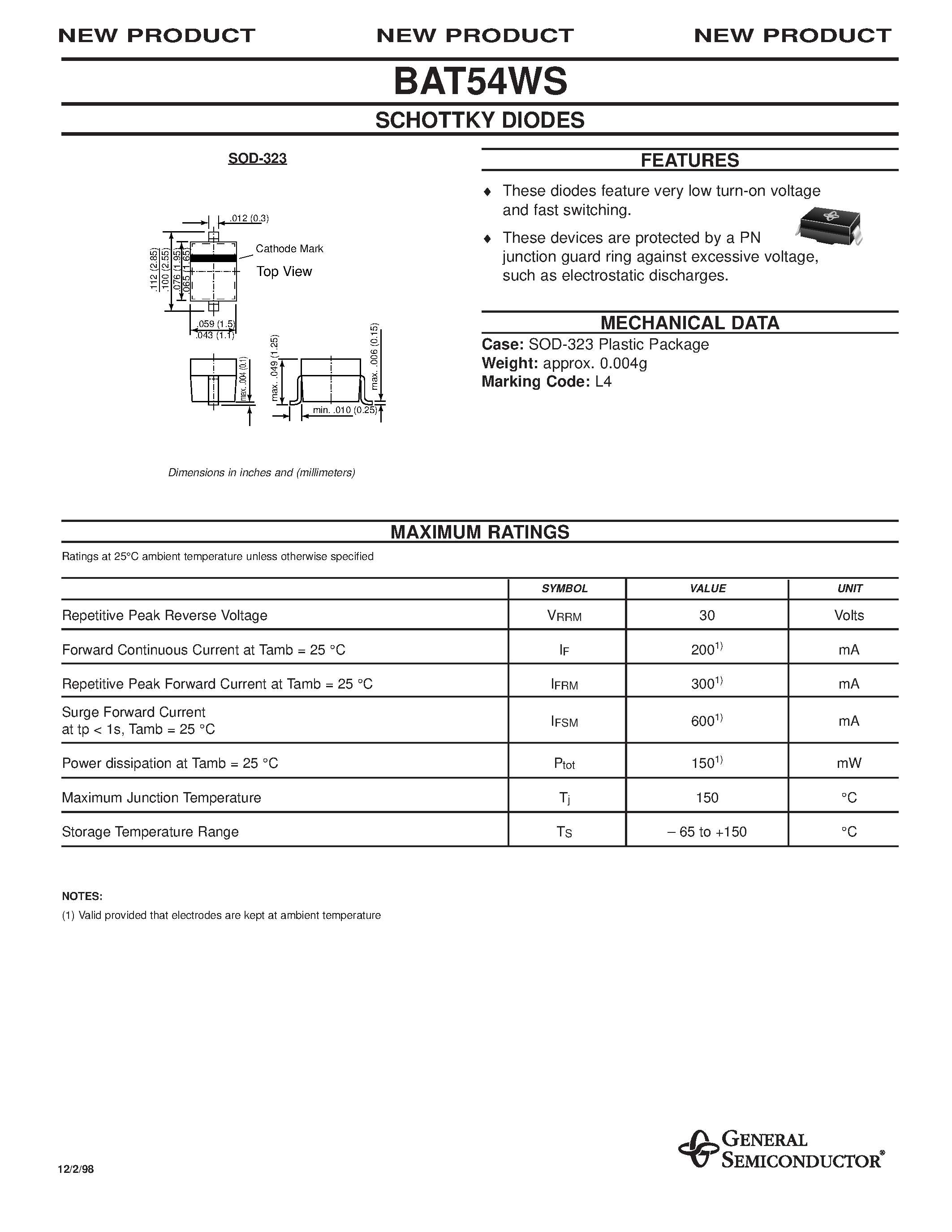 Datasheet BAT54WS - SCHOTTKY DIODES page 1