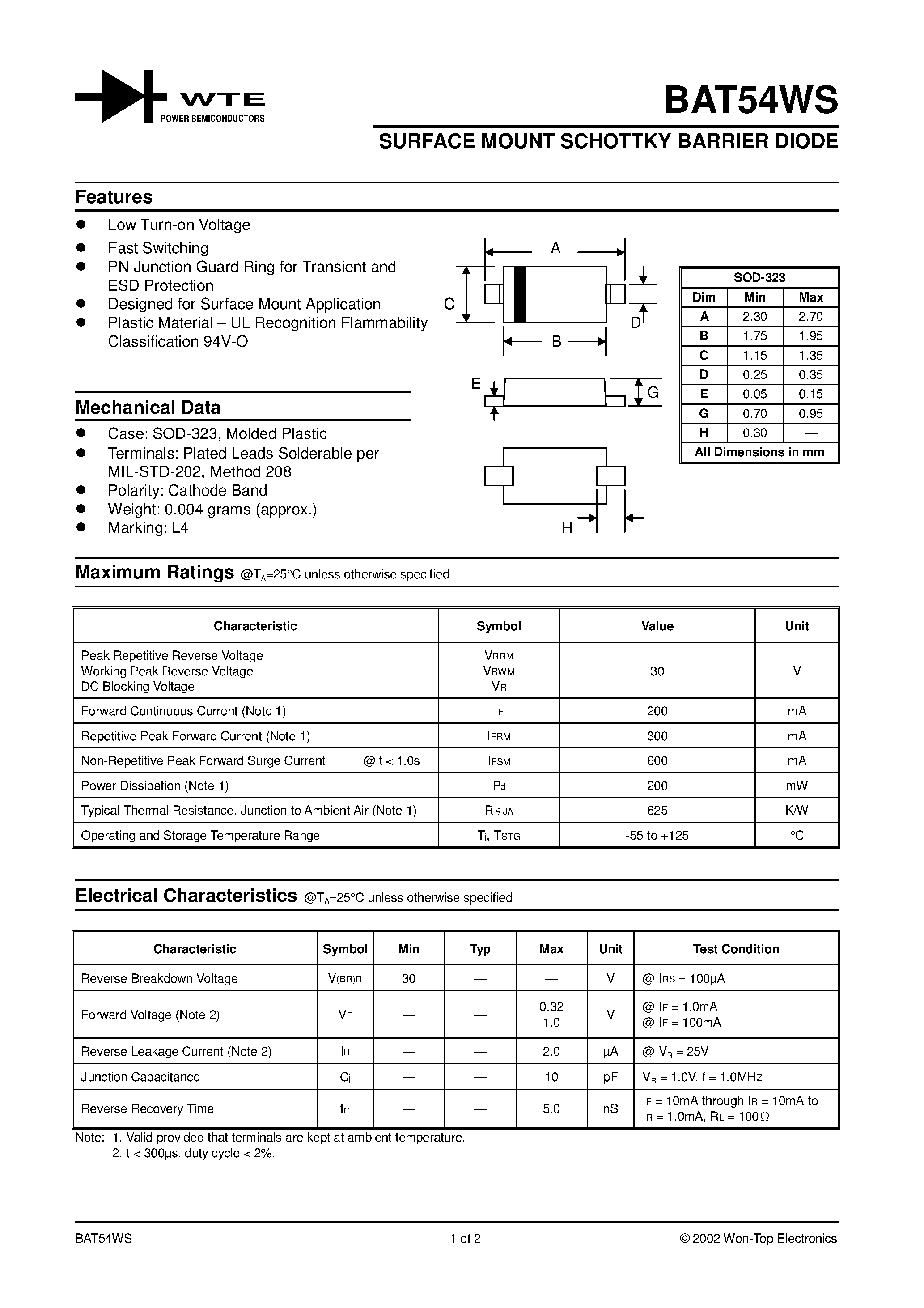 Datasheet BAT54WS-T3 - SURFACE MOUNT SCHOTTKY BARRIER DIODE page 1