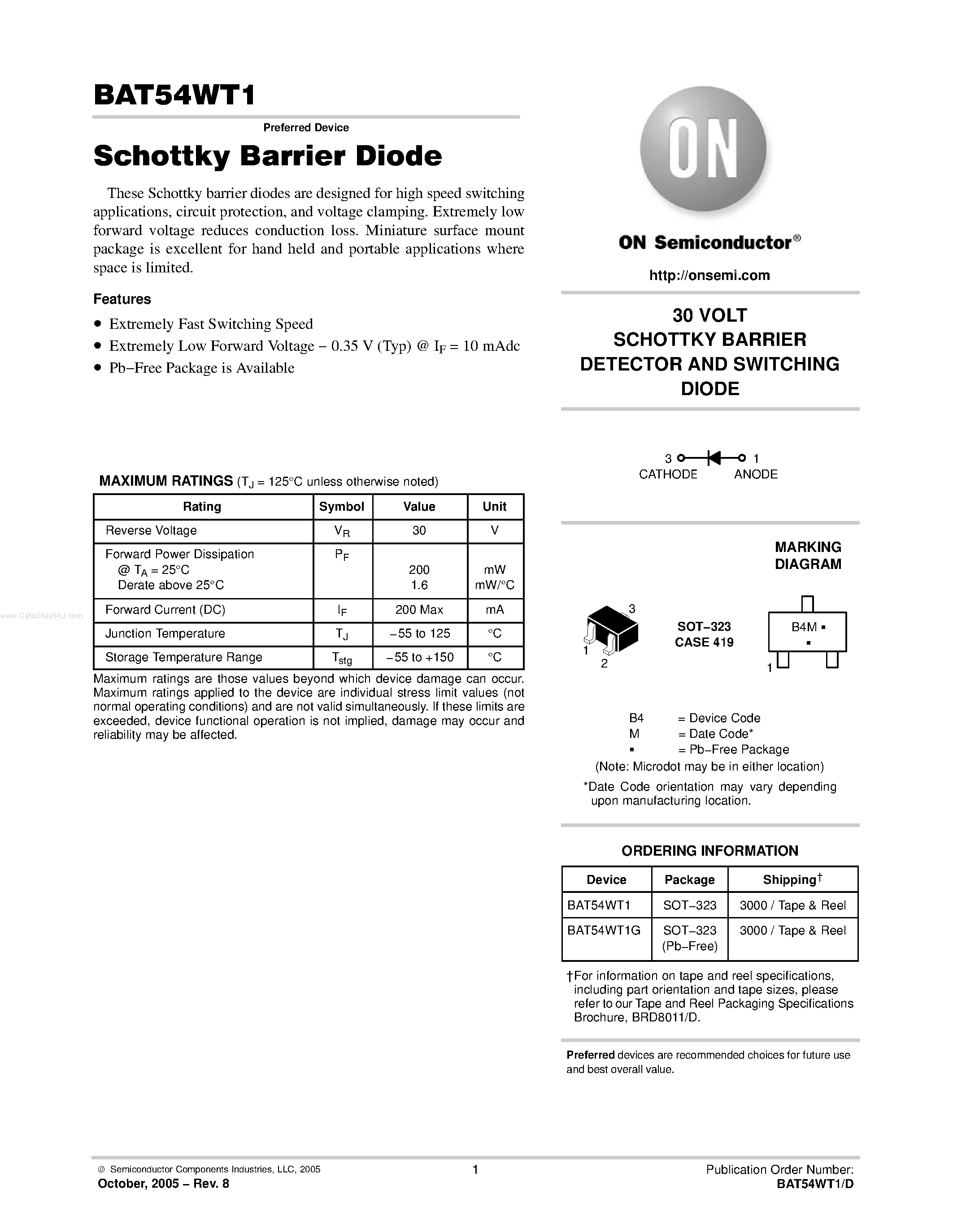 Datasheet BAT54WT1 - SCHOTTKY BARRIER DETECTOR AND SWITCHING DIODE page 1