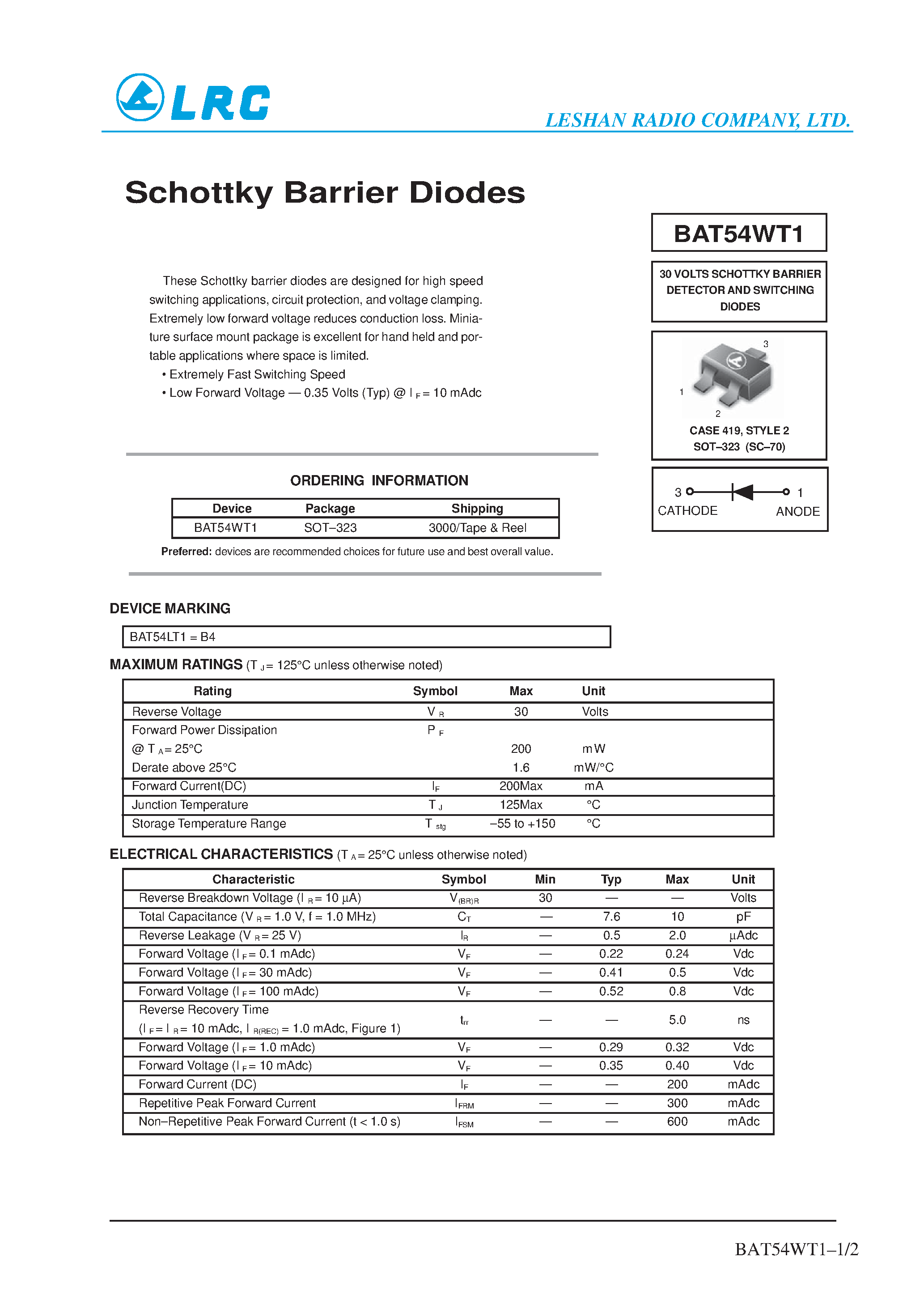 Datasheet BAT54WT1 page 1 Datasheet BAT54WT1 - Schottky Barrier Diodes page 1