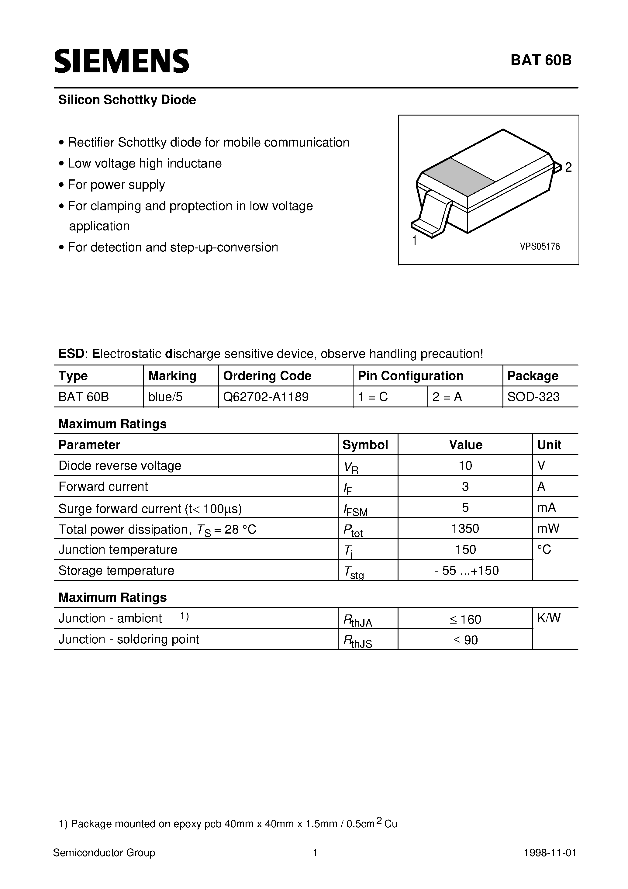 Datasheet BAT60B - Silicon Schottky Diode (Rectifier Schottky diode for mobile communication Low voltage high inductane For power supply page 1