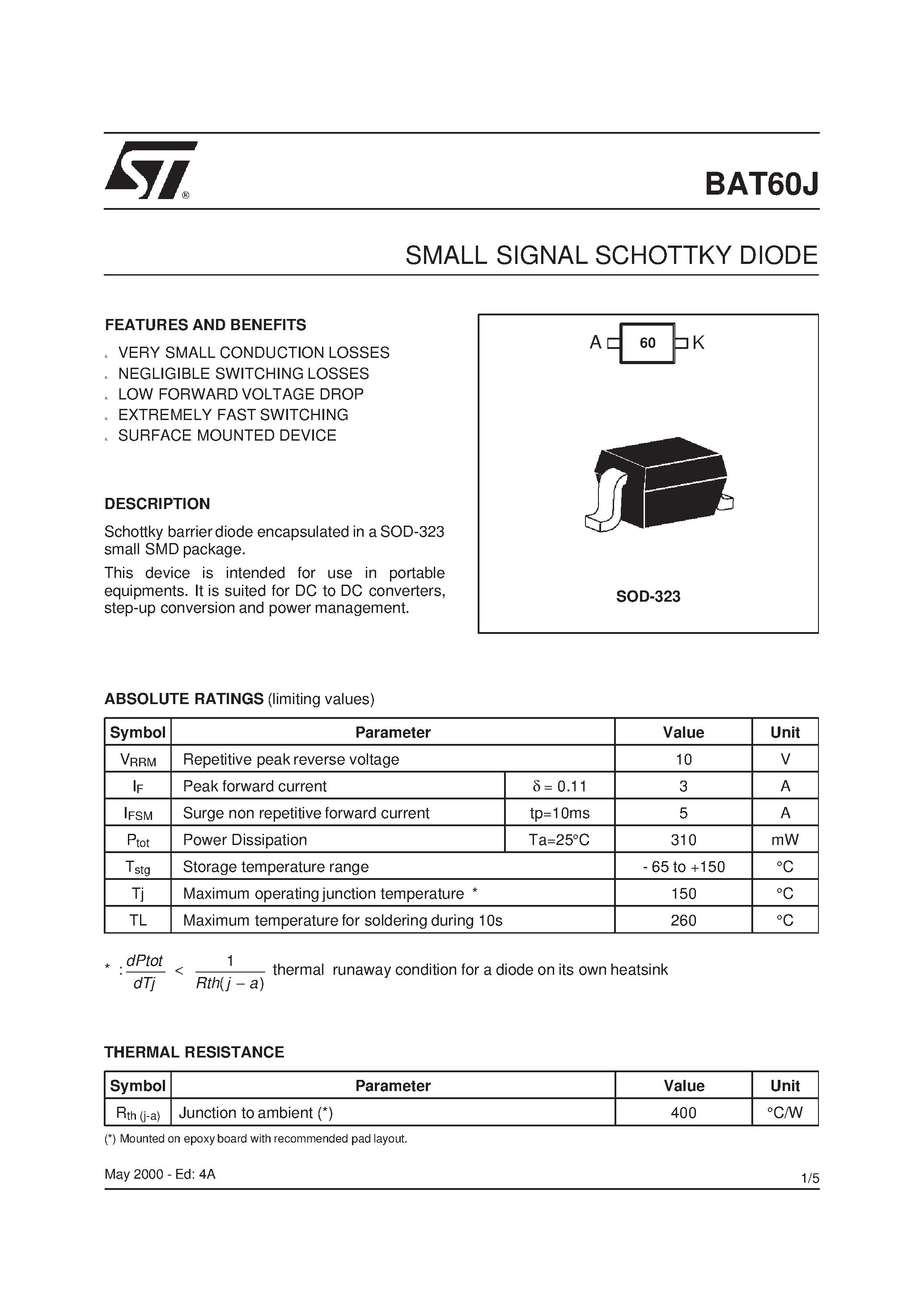 Datasheet BAT60JFILM - SMALL SIGNAL SCHOTTKY DIODE page 1