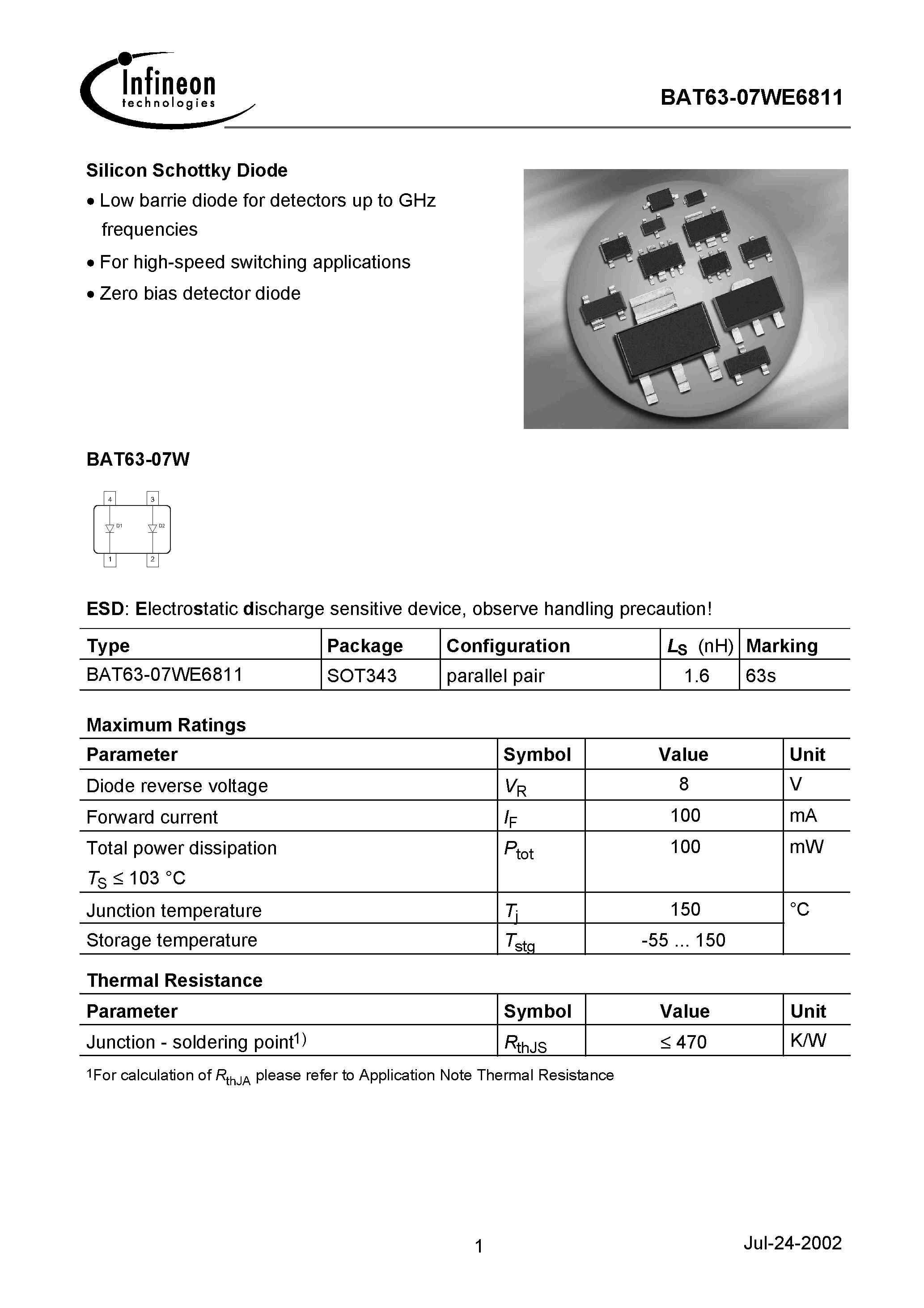 Datasheet BAT63-07WE6811 - Silicon Schottky Diode page 1