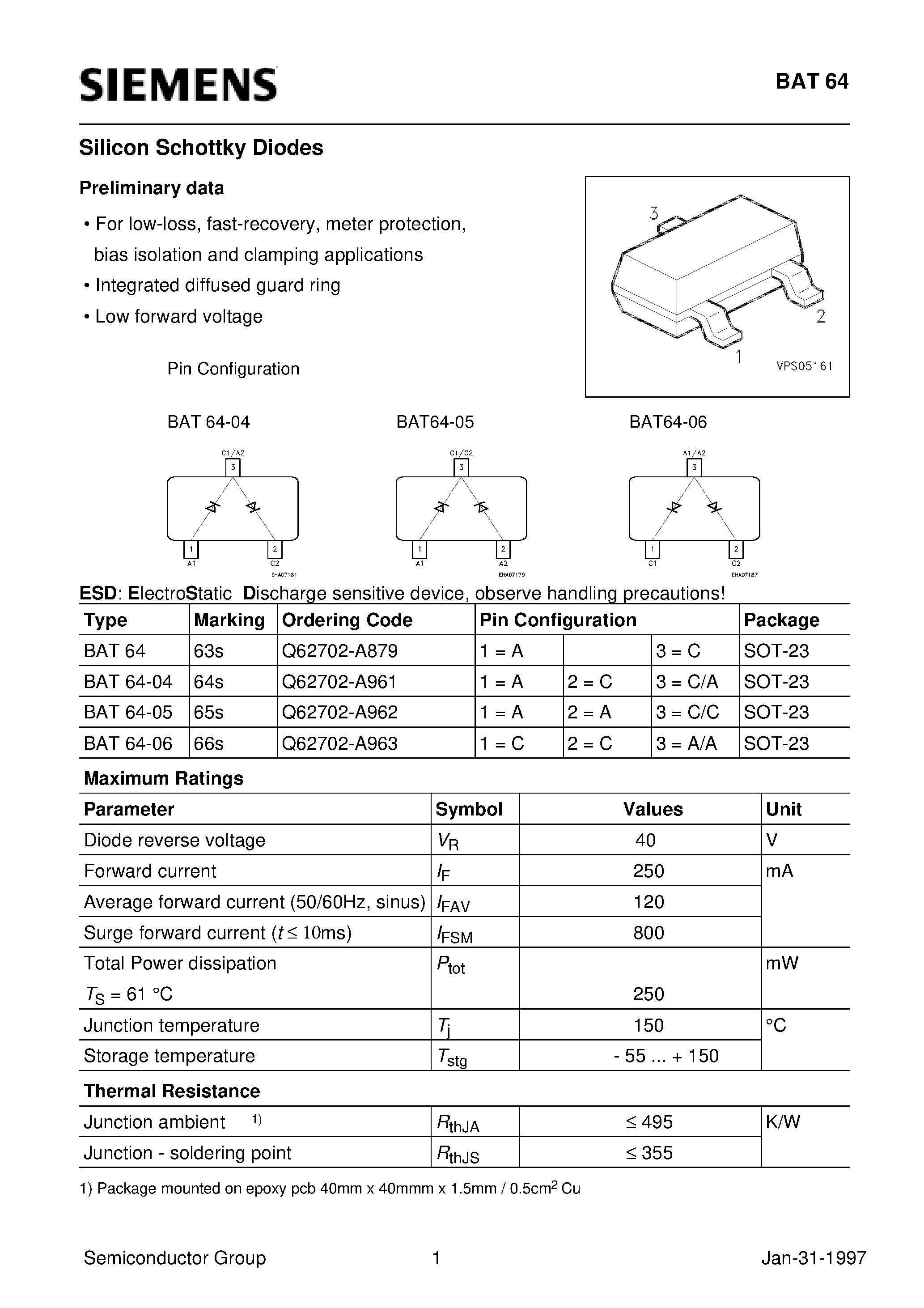 Datasheet BAT64-05 - Silicon Schottky Diodes (For low-loss/ fast-recovery/ meter protection/ bias isolation and clamping applications Integrated diffused guard ring) page 1
