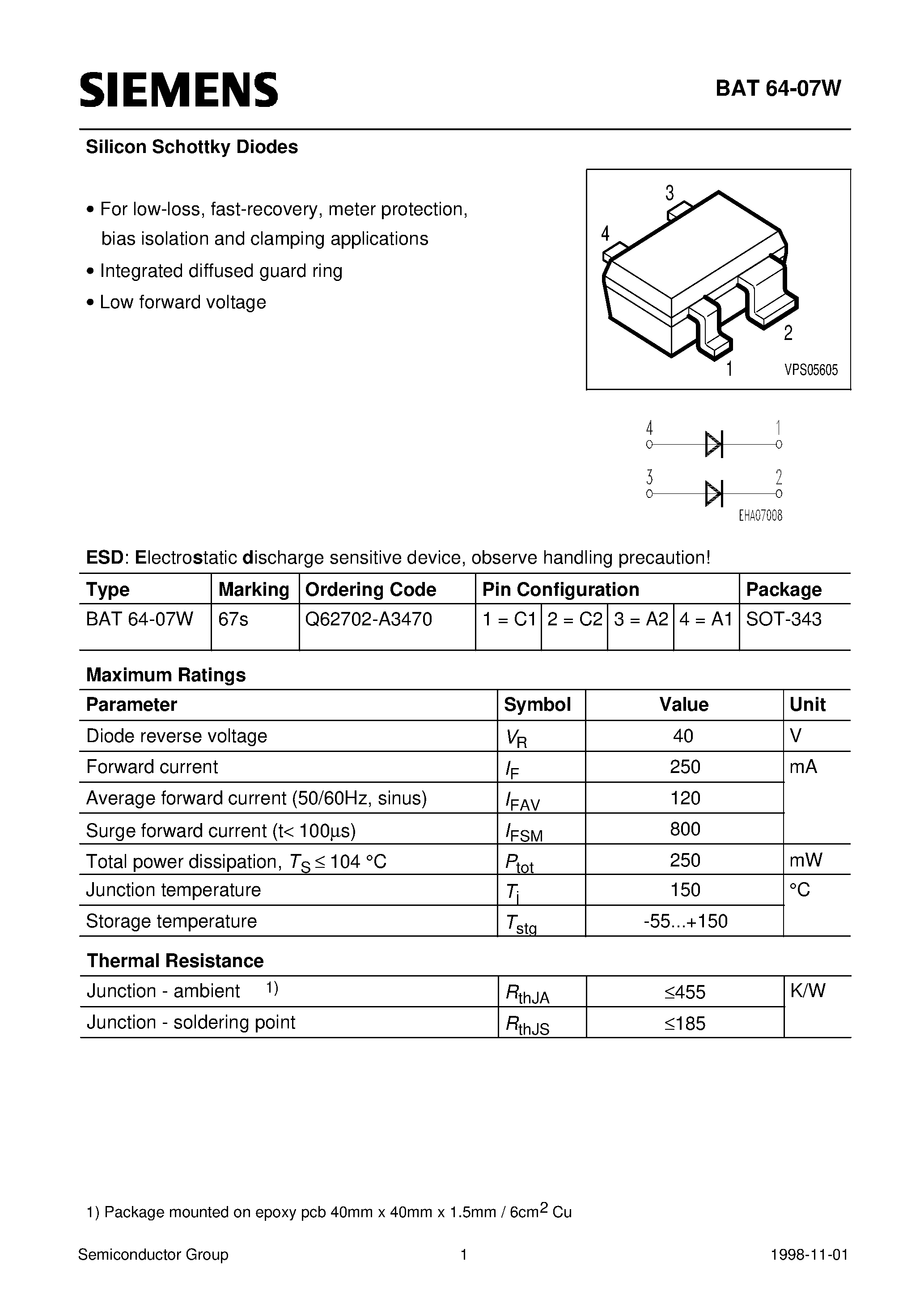Datasheet BAT64-07W - Silicon Schottky Diodes (For low-loss/ fast-recovery/ meter protection/ bias isolation and clamping applications Integrated diffused guard ring) page 1