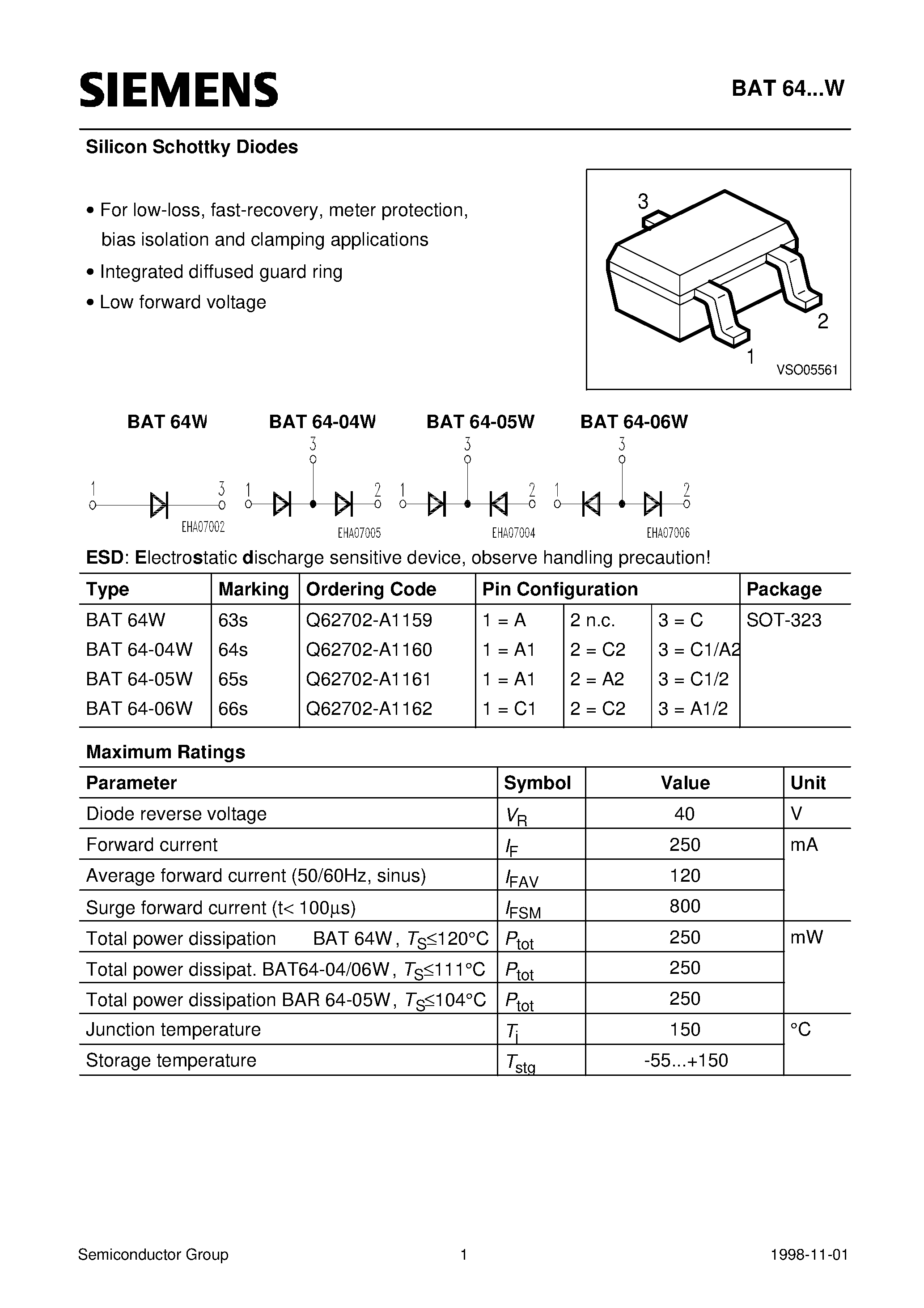 Datasheet BAT64-W page 1 Datasheet BAT64-W - Silicon Schottky Diodes (For low-loss/ fast-recovery/ meter protection/ bias isolation and clamping applications Integrated diffused guard ring) page 1