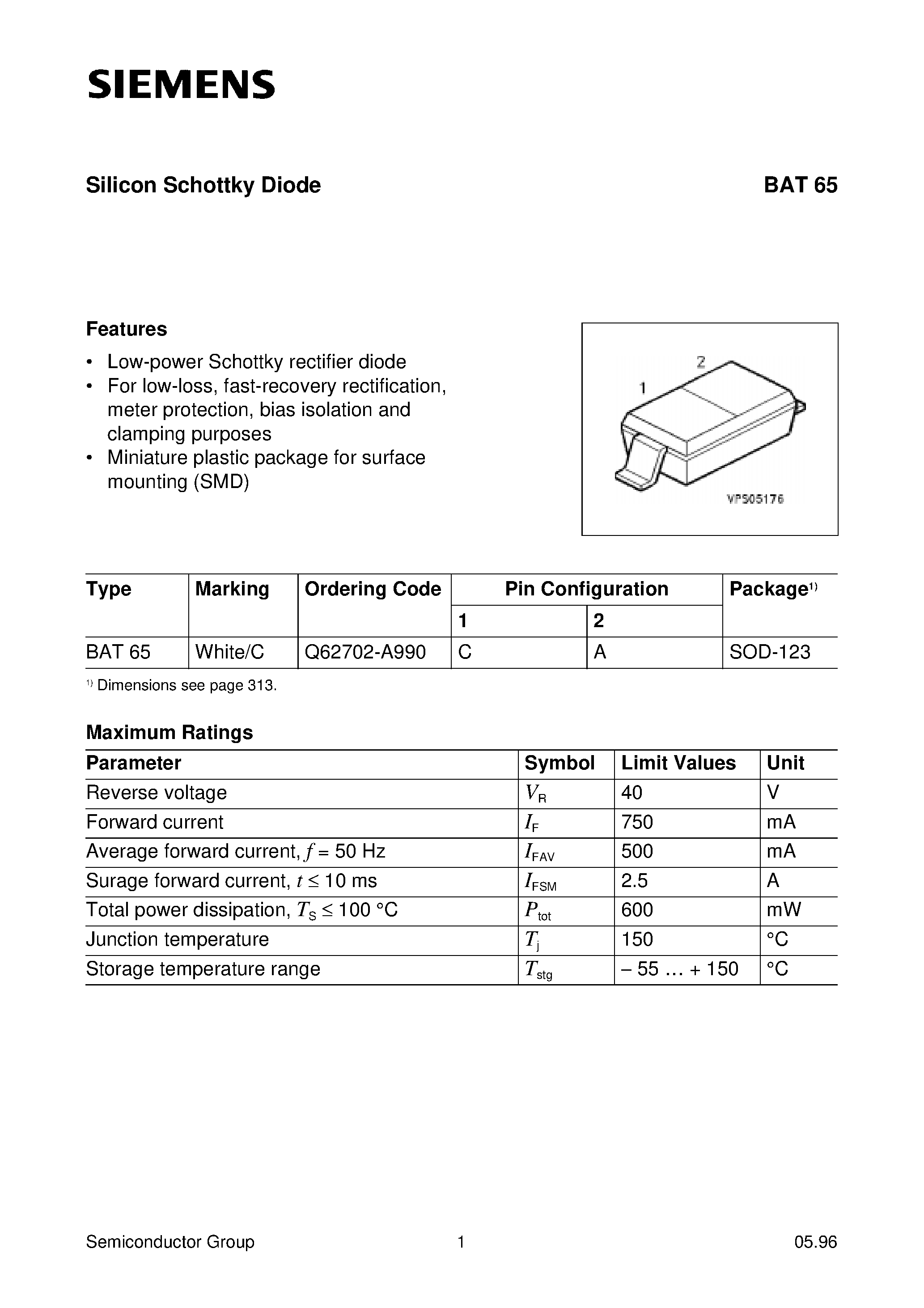 Datasheet BAT65 - Silicon Schottky Diode (Low-power Schottky rectifier diode) page 1