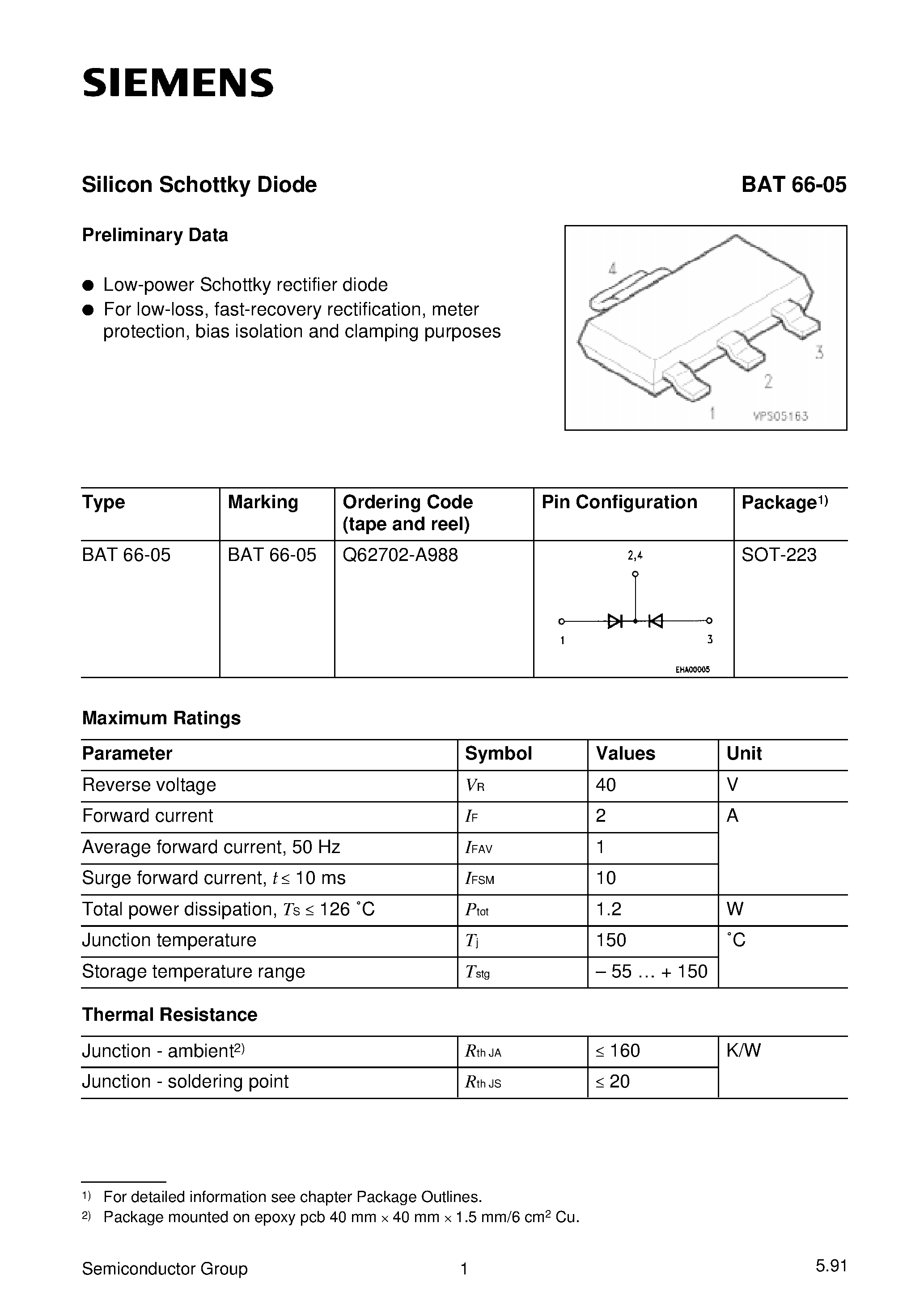 Datasheet BAT66-05 page 1 Datasheet BAT66-05 - Silicon Schottky Diode (Low-power Schottky rectifier diode) page 1